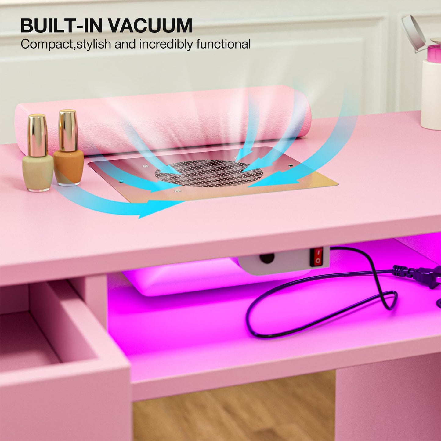 TTGIEET Manicure Table for Nail Tech w/LED Light Display Cabinet，Professional Nail Tech Desk with Storage Cabinet & Drawer, Dust Collector, Wrist Rest, Acetone-Resistant, for Beauty Salon, Spa & Home