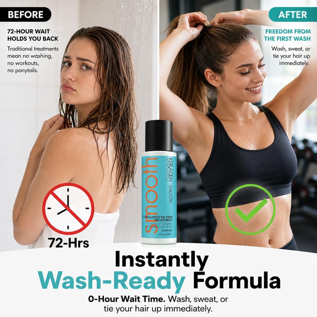 KERAGEN At-Home Keratin Smoothing Treatment Kit – Formaldehyde-Free Express Blowout for Coarse & Frizzy Hair | 0-Hour Wait Time, Instant Wash-Ready Formula | Cruelty-Free, Made in USA | 2 oz
