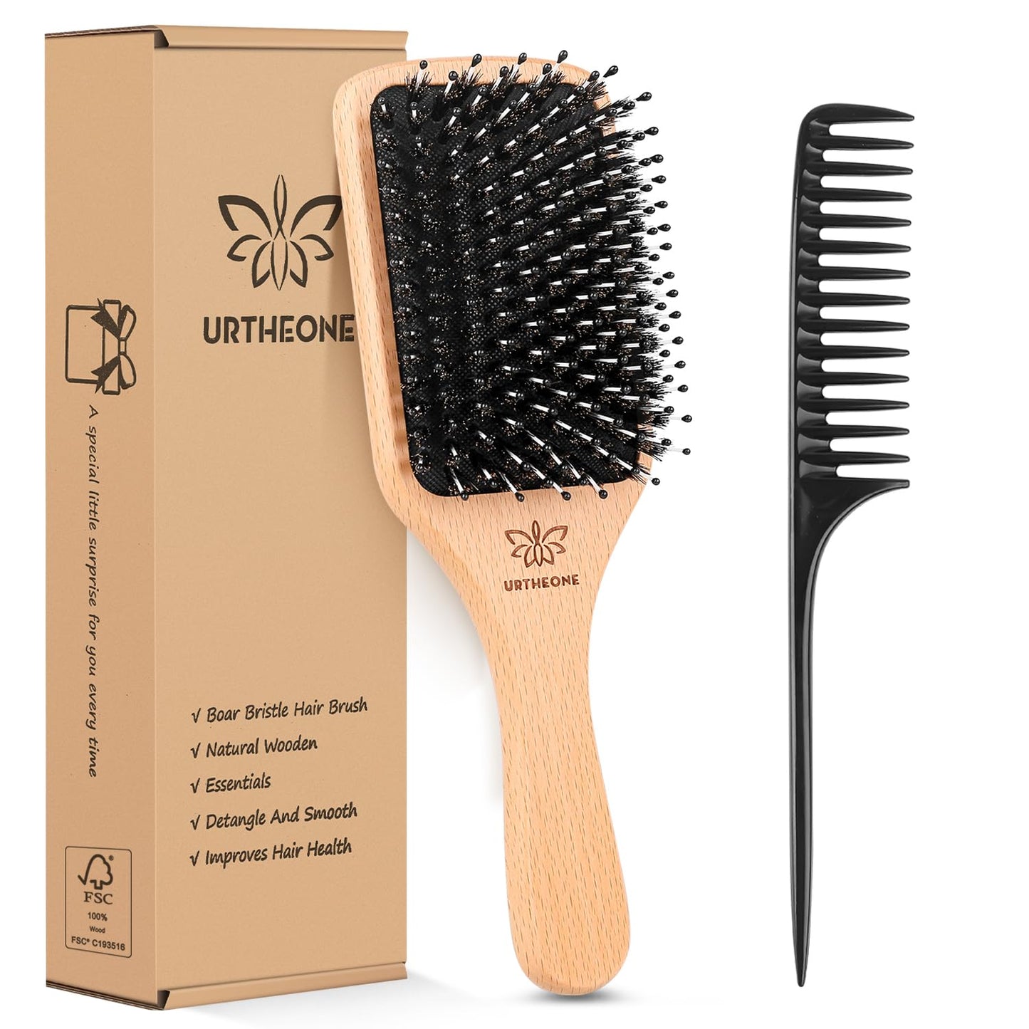 Boar Bristle Hair Brush - Paddle Brush for Thick, Curly & Thin Hair | Smooths & Adds Shine