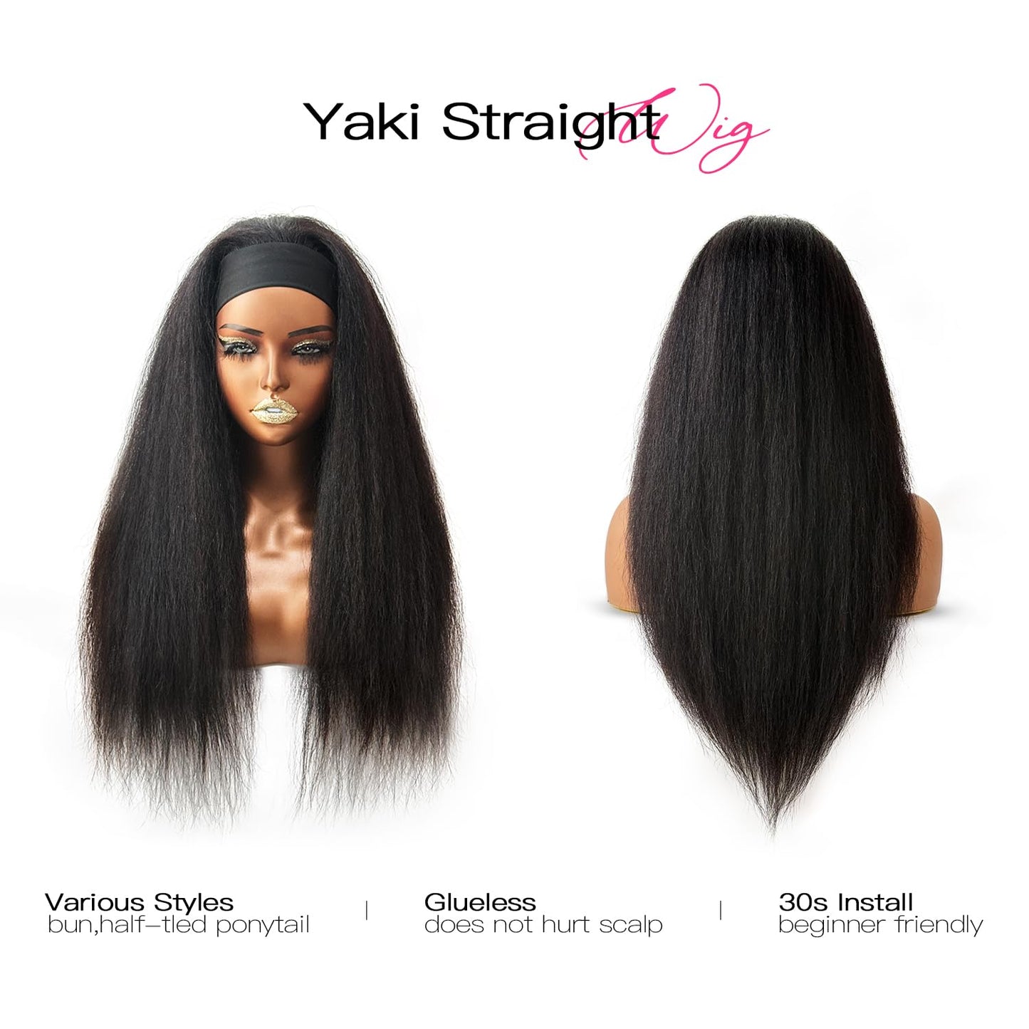 Woman's Romance Headband Wig For Black Women Kinky Straight Headband Wig Human Hair 180% Density Yaki Straight Headband Wigs Wear and Go Glueless Wig Human Hair Machine Made Natural Black (20in)