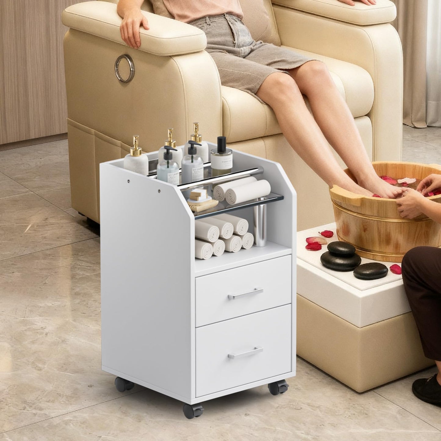 OmySalon Pedicure Cart, Foot Bath Trolley with Storage Drawer & Bottle Racks, Portable Salon Station for Esthetician Manicure & Foot Massage, Beauty Spa Supplies with Locking Wheels, White