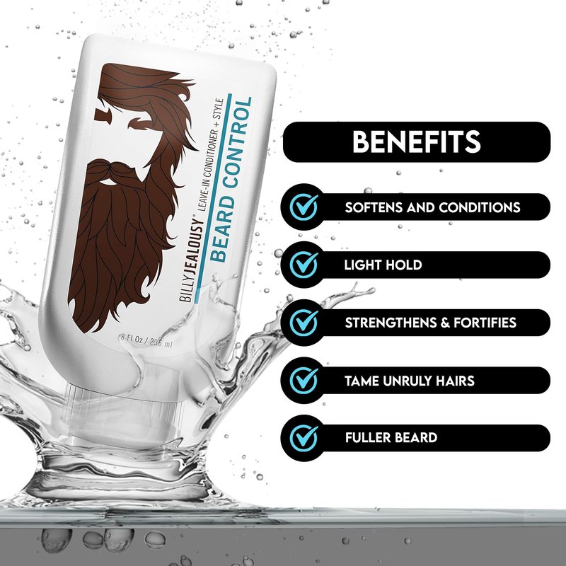 Billy Jealousy Original Beard Control Leave In Beard Conditioner for Men with Aloe Leaf Juice and Jojoba Seed Oil, Softens Hair and Skin, Light Hold with Matte Finish, 8 Fl Oz