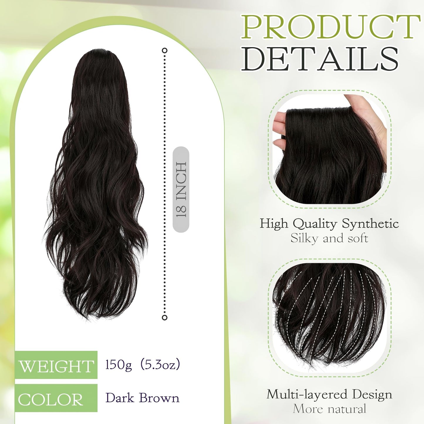 Cephermer Ponytail Extension Claw 18" Natural-Looking Synthetic Wavy Long Pony Tails Hair Extensions Dark Brown Clip-In Hairpiece for Women