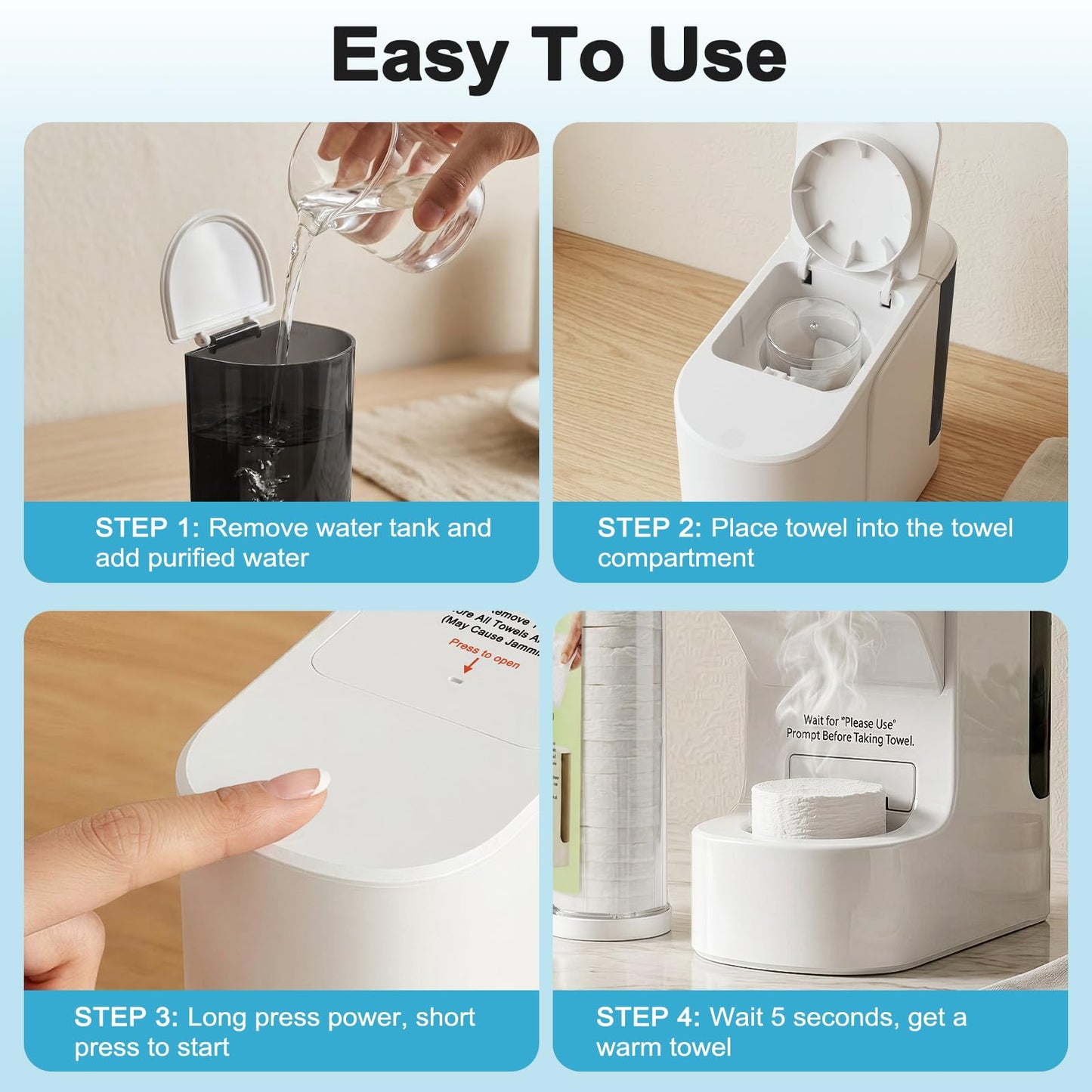 Hot Towel Warmer for Face, 5s Fast Heating Towel Dispenser with 55°C/131°F Display, Auto Moistening, One-Touch Release & Voice Alerts, 20 Compressed Towels for Skincare, Shaving Prep, White