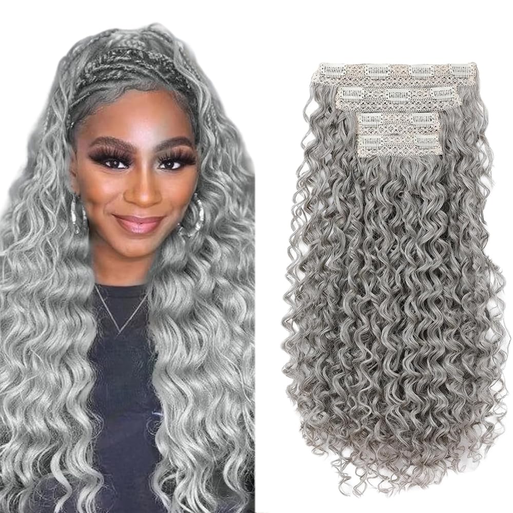 Grey Clip in Hair Extensions Real Human Hair,30 Inch 120g/7Pcs,Full Shine Sliver Remy Human Hair,Gray Deep Wave Clip ins Brazilian Virgin Human Hair Extensions