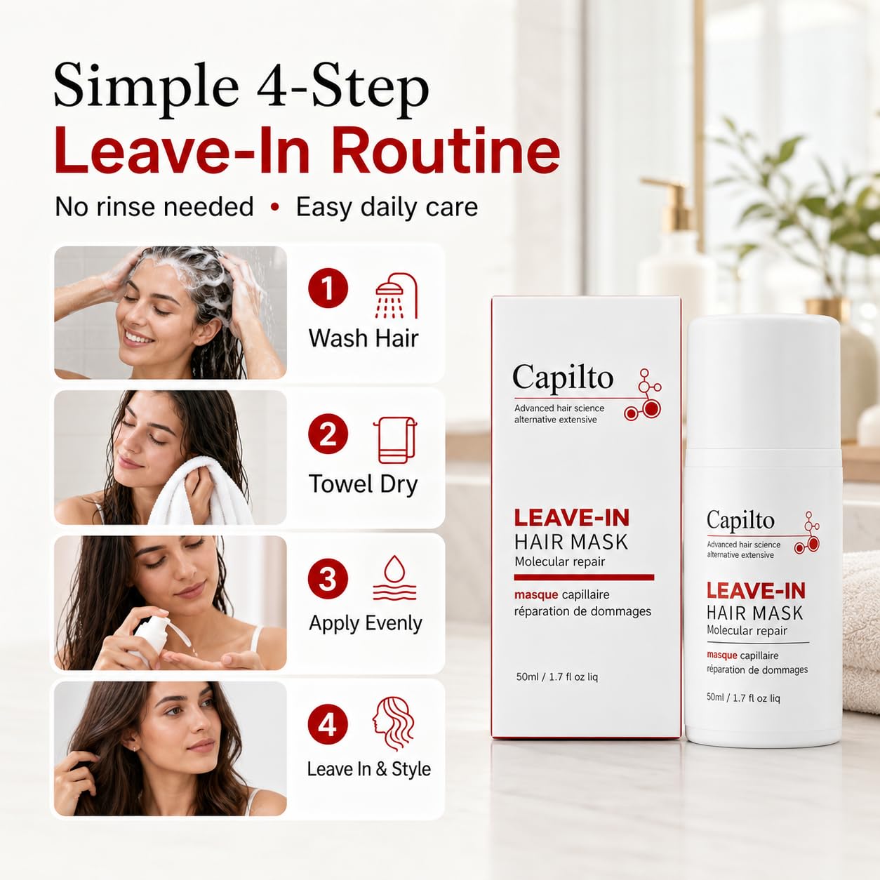Capilto Leave-In Molecular Hair Repair Mask Keratin – Deep Conditioning Repair for Frizzy & Damaged Hair, Fixes Bleach, Color & Heat Damage in 4 Minutes, Vegan & Paraben Free 50ml