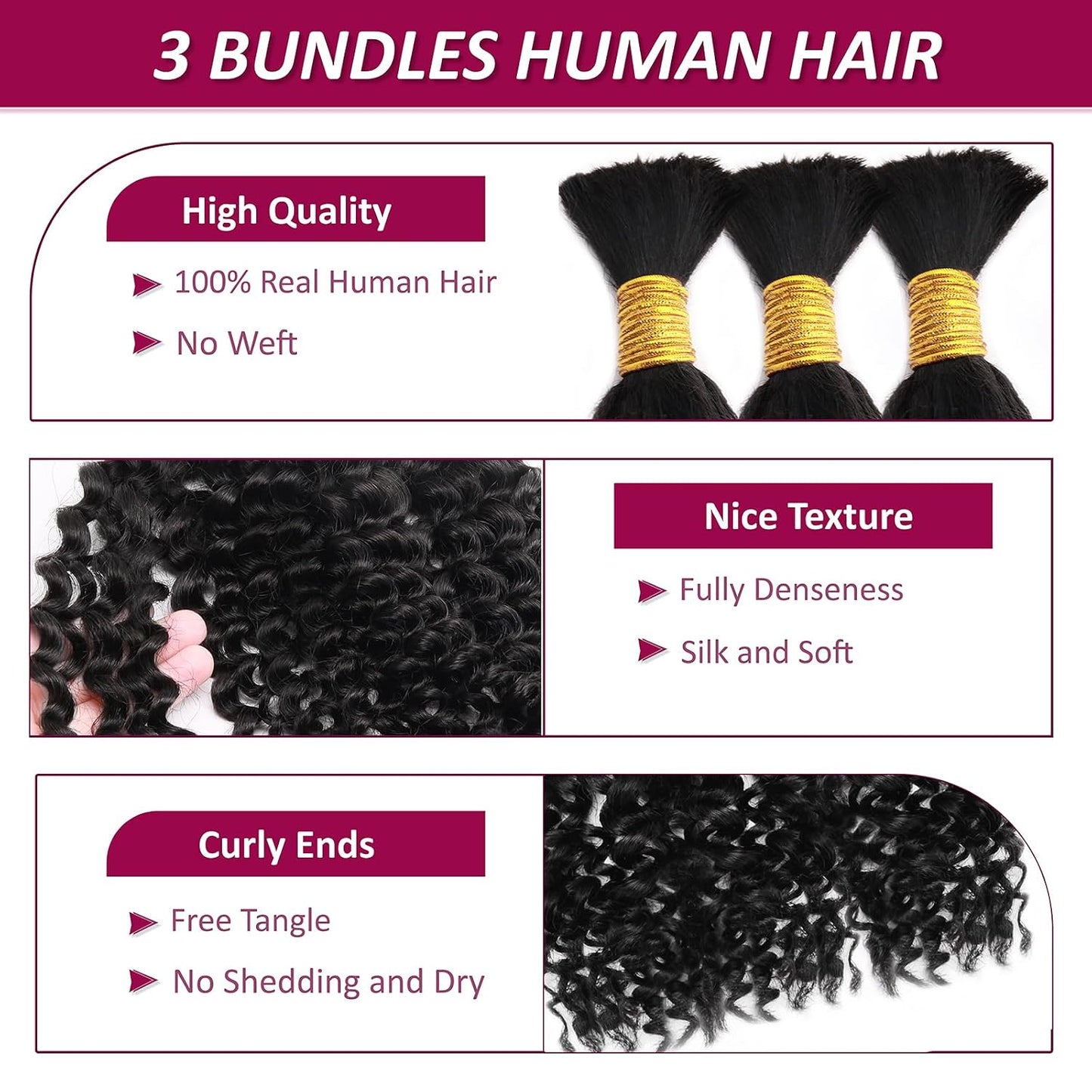 Water Wave Human Braiding Hair - 16 Inch Deep Curly Bundles for Boho Braids | 110g Natural Black