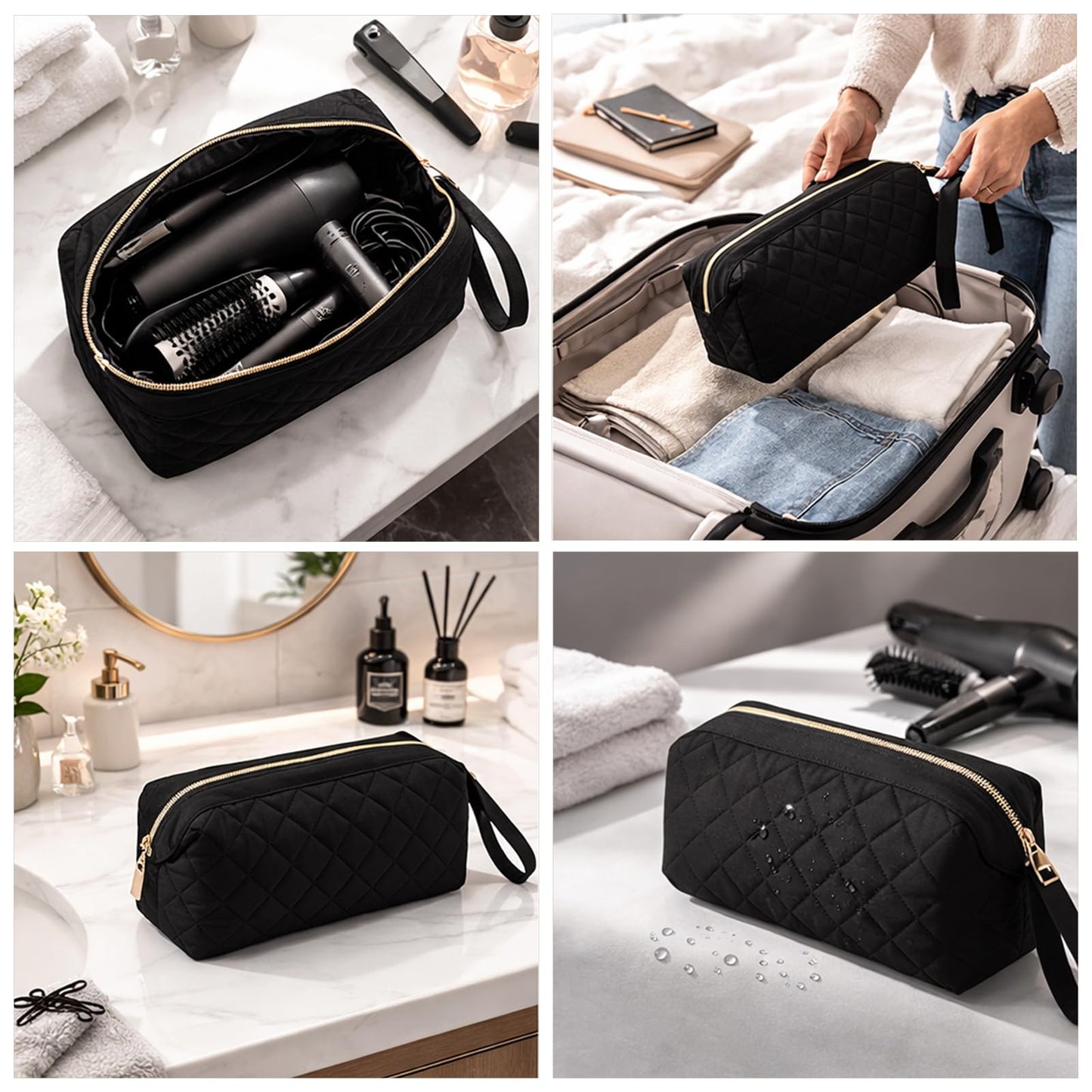 Pierides Quilted Hair Tools Travel Organizer Bag,Portable Large Hair Styling Accessories Storage Case for Flat Irons,Straightener,Curling Iron,Hair Dryer (Black)