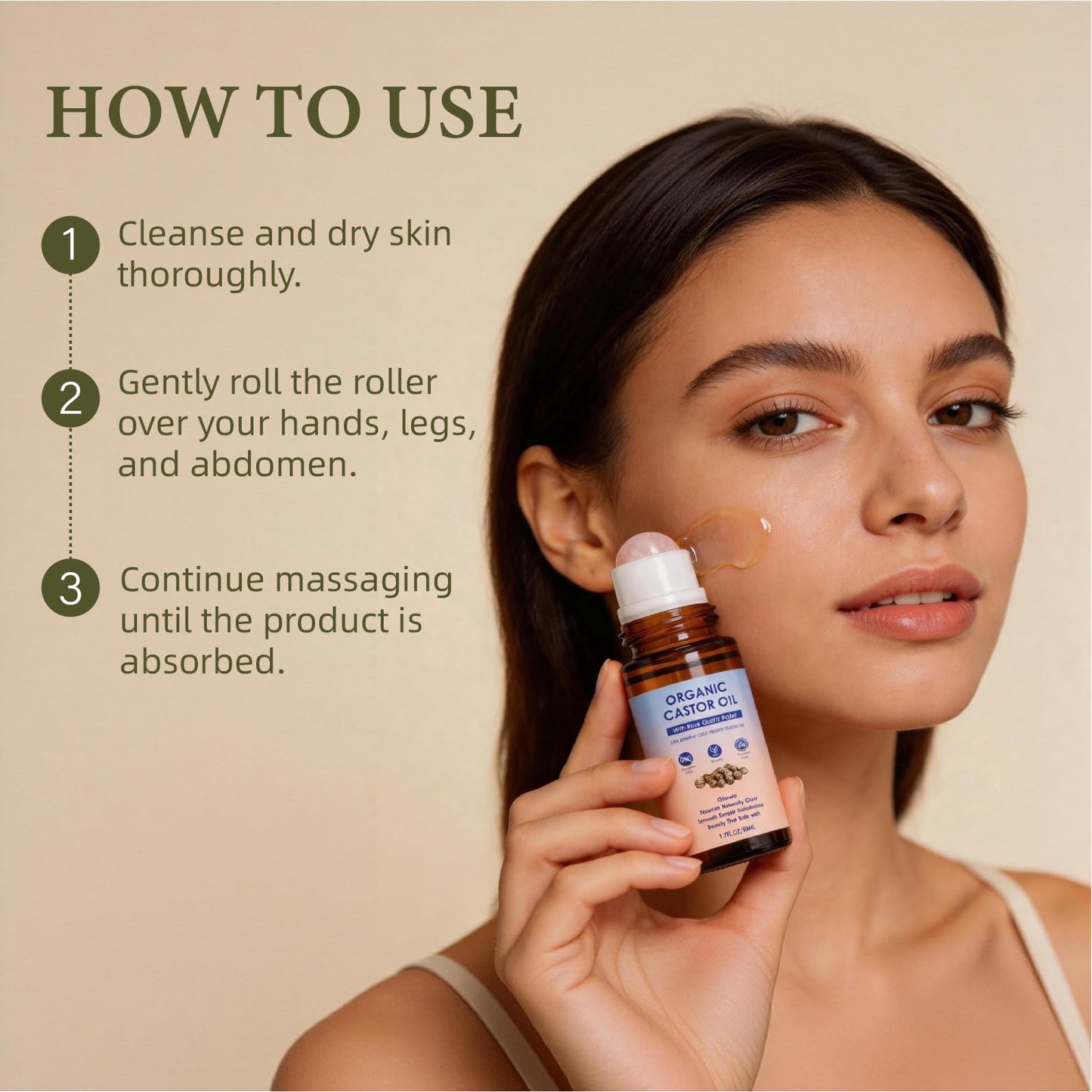 Organic Castor Oil Roll On Rose Quartz Roller Ball Applicator Cold Pressed, Hexane Free Eyebrow Growth, Lash Care, Cuticle & Hair Care Amber Glass 1.7 fl oz