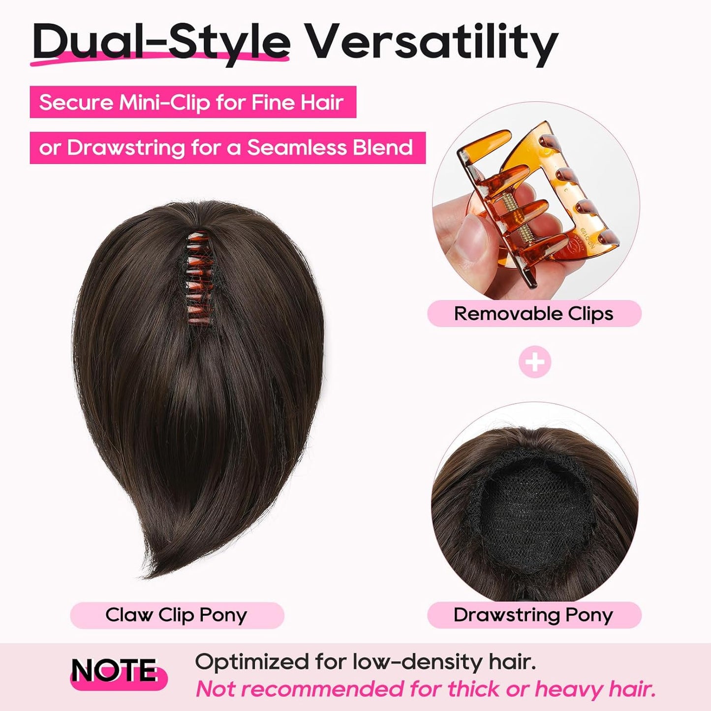 REECHO Ponytail Extension - 8" Short Mini Claw Clip Hairpiece for Fine Thin Hair | Natural Soft Black Brown