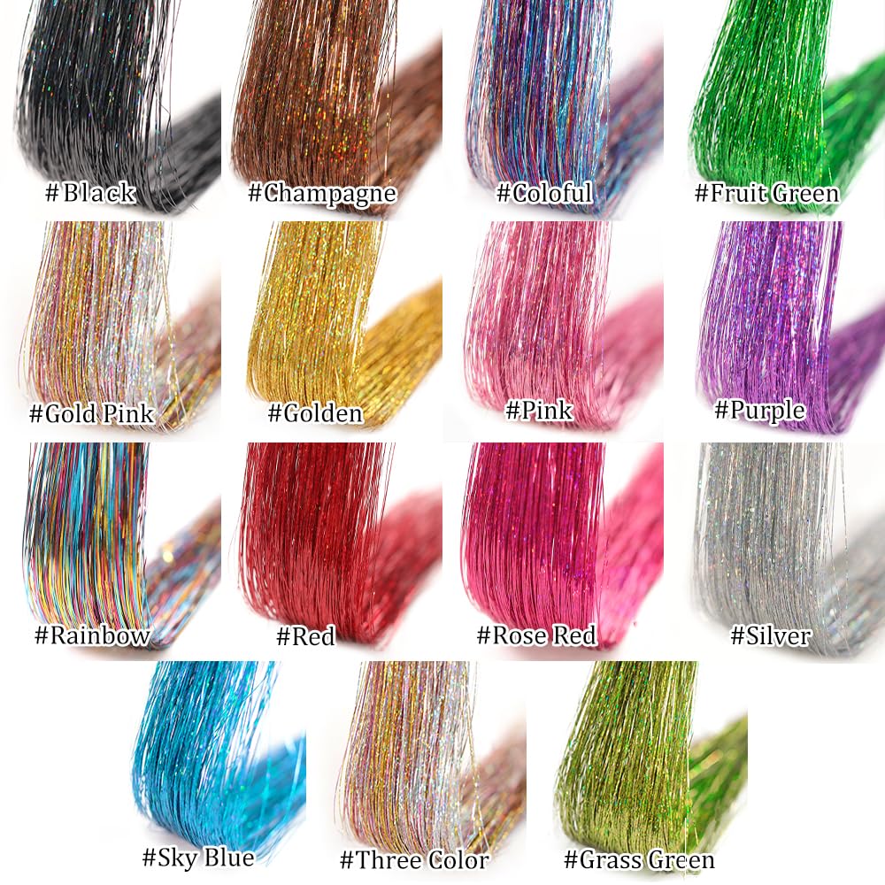 Hair Tinsel 12Pcs Clip in Rainbow Hair Accessories 20.5 Inch Fairy Hair Tinsel Kit for Women Girls Glitter Extensions for Christmas Halloween New Year Party (Rainbow)