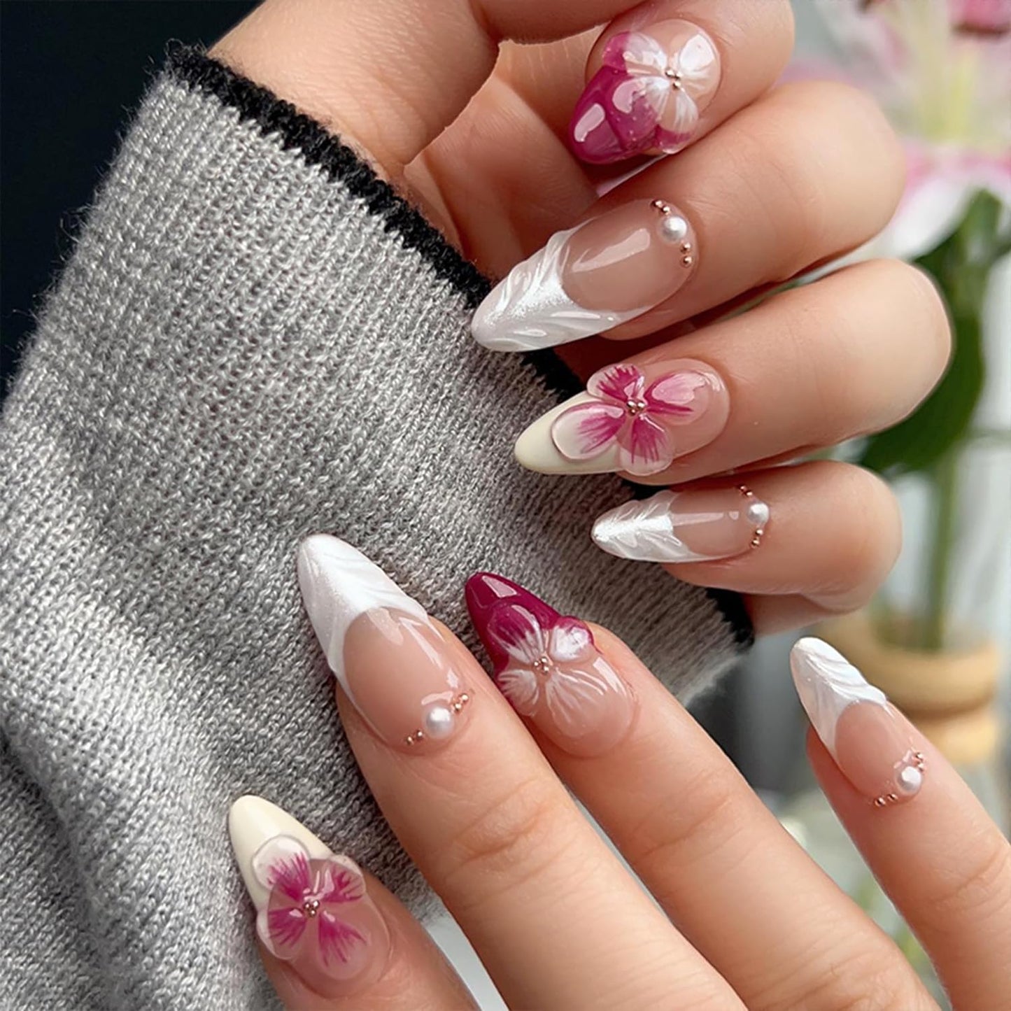 3D Flower Press-On Nails - Medium Square Pink French Tip with Star Rhinestones | Full Cover Artificial Nails for Women