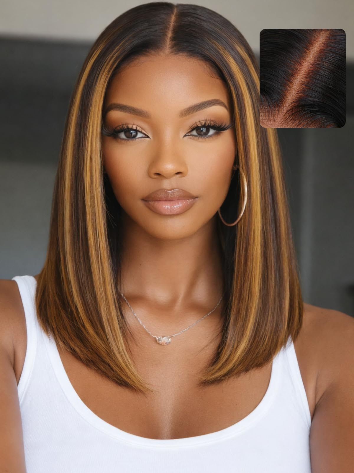 UNICE Bye Bye Slip Blunt Bob Wig Human Hair 7x5 Lace Closure Glueless Drawstring Wig Pre Plucked Pre Cut Bleached Knots Brown with Blonde Piano Highlights 12 inch