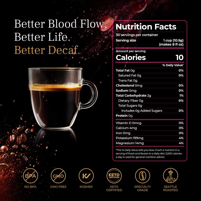 VINIA Decaf Medium Dark Roast Coffee with Red Grape Piceid Resveratrol, Nitric Oxide for Heart Health, Alertness, Physical Energy & Blood Flow Circulation. 30ct K-Cup Pods