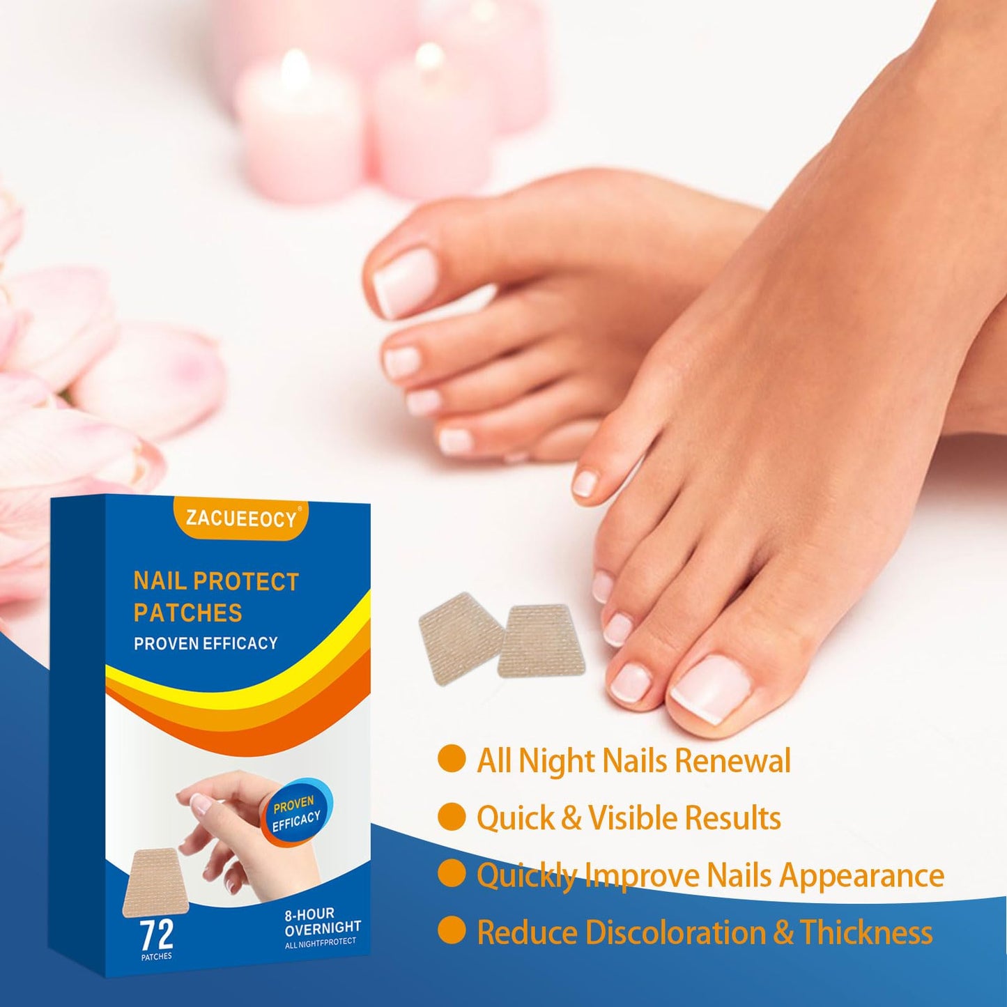 ZACUEEOCY 72PCS Nail Treatment Patches for Toenail and Fingernails, Nail Repair Patches Extra Strength 8-Hours Overnight Care and Repair for Damaged Nails for Men and Women