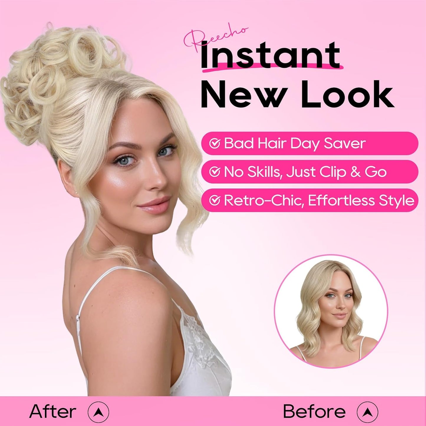 Messy Bun Hair Piece with Bangs - 2-in-1 Curly Updo Wig & Natural-Looking Drawstring Ponytail Extension | Medium Blonde