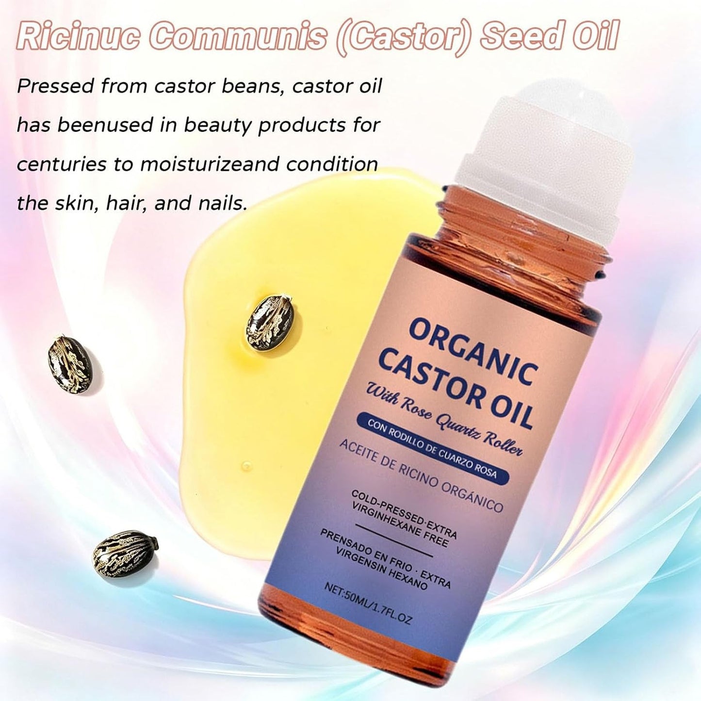 2PCS Organic Castor Oil with Rose Quartz Roller, 100% Castor Oil Organic Cold Pressed, Hexane-Free,Amber Glass Bottle for Skin 1.7oz
