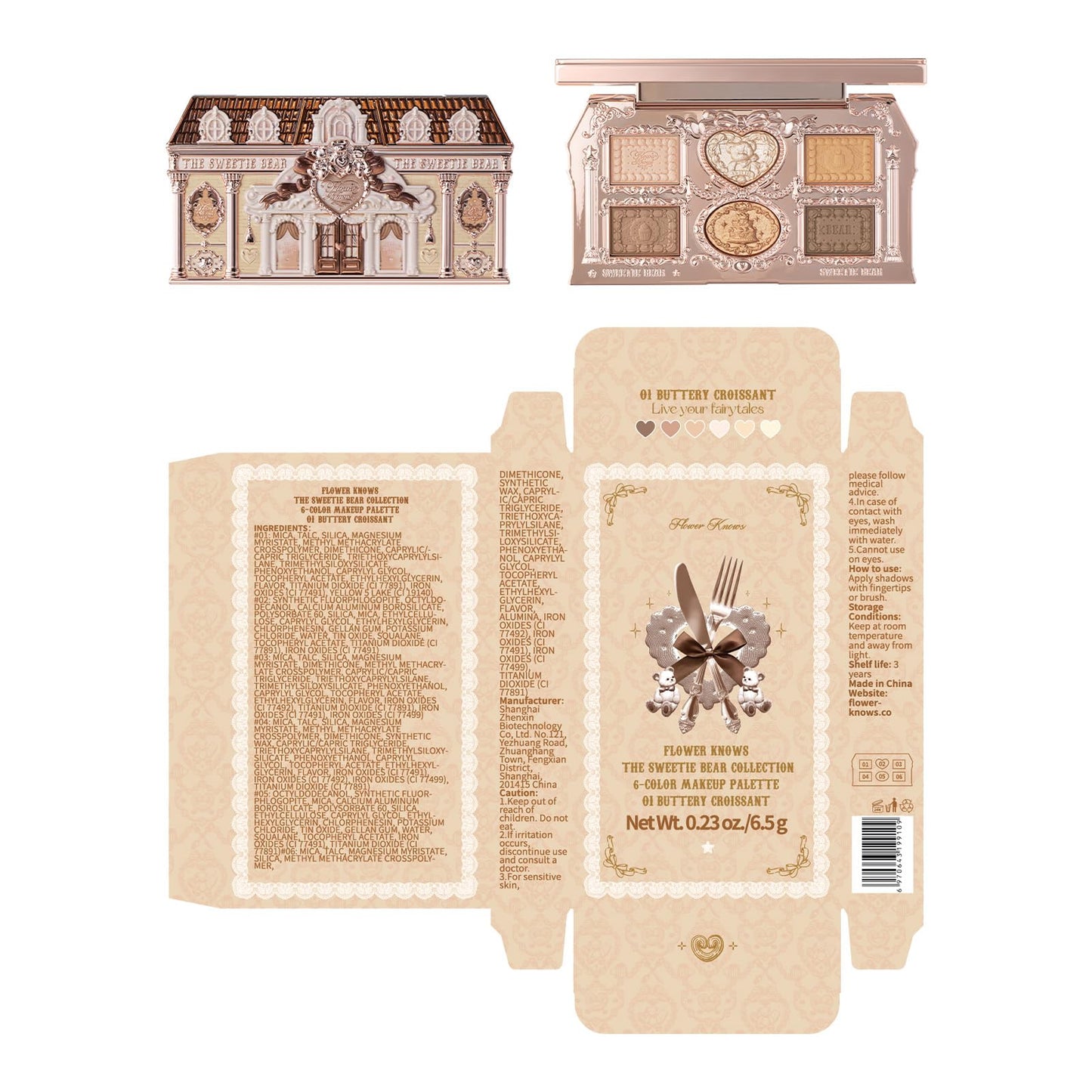 Flower Knows The Sweetie Bear Collection 6-Color Makeup Palette,Brown Eyeshadow Palette with 4 Matte + 2 Shimmer Shades,Blendable Smooth Cute Make Up,0.23 Oz(01 Buttery Croissant)