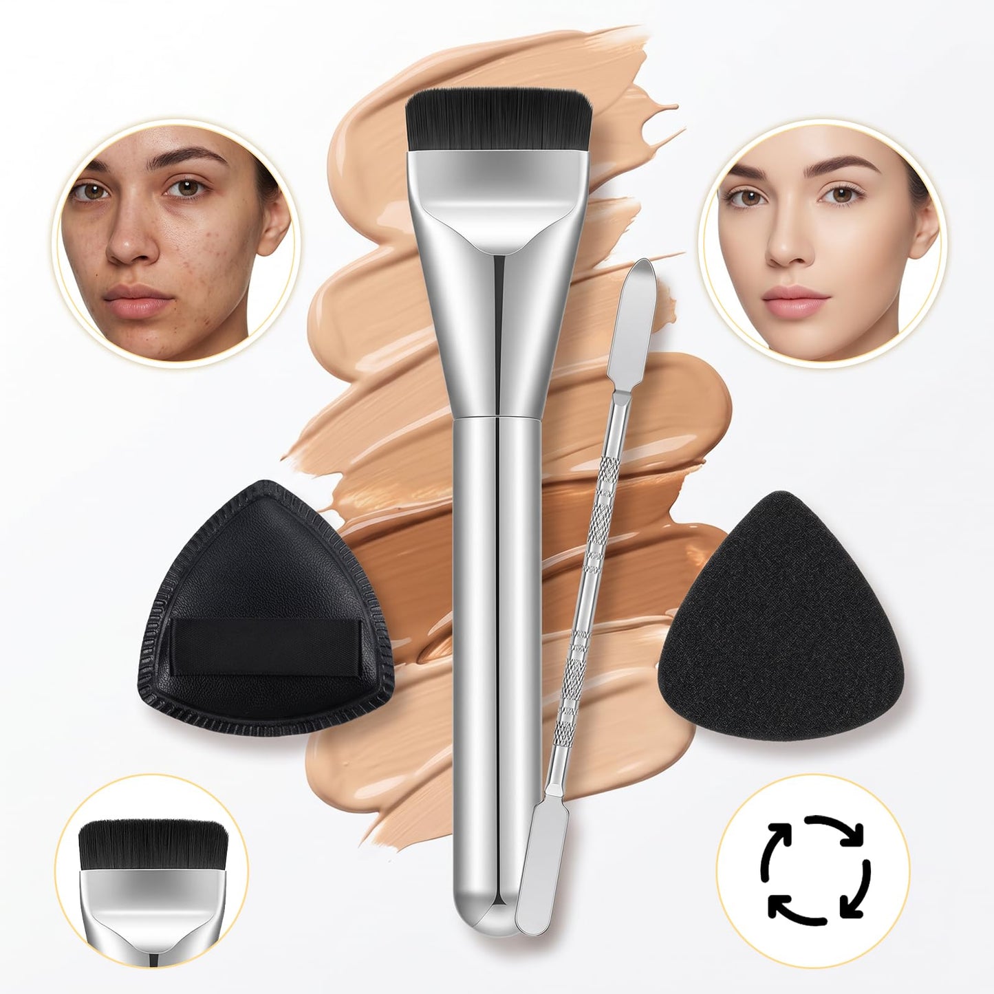 Matwsec 4PCS Makeup Mixing Palette Foundation Palette with Foundation Spatula Makeup Brush and Powder Puff for Women Facial Cosmetic Nail Art Pigment Blending
