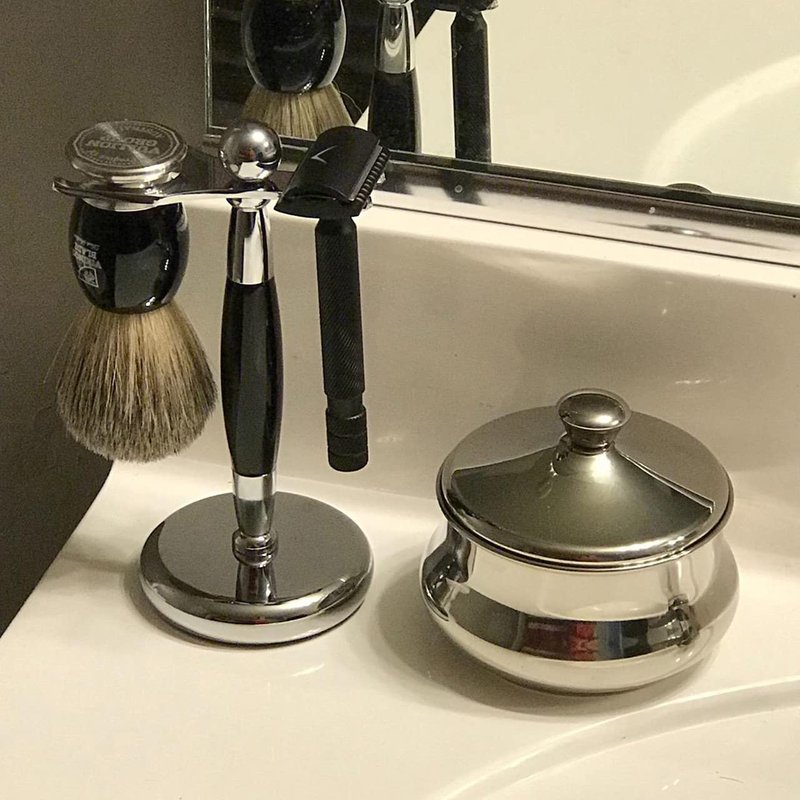 SANWA Deluxe Stainless Steel Shaving Brush Stand Holder for Razor & Brush - Extra Wide Openings, Weighted Base Black Handle