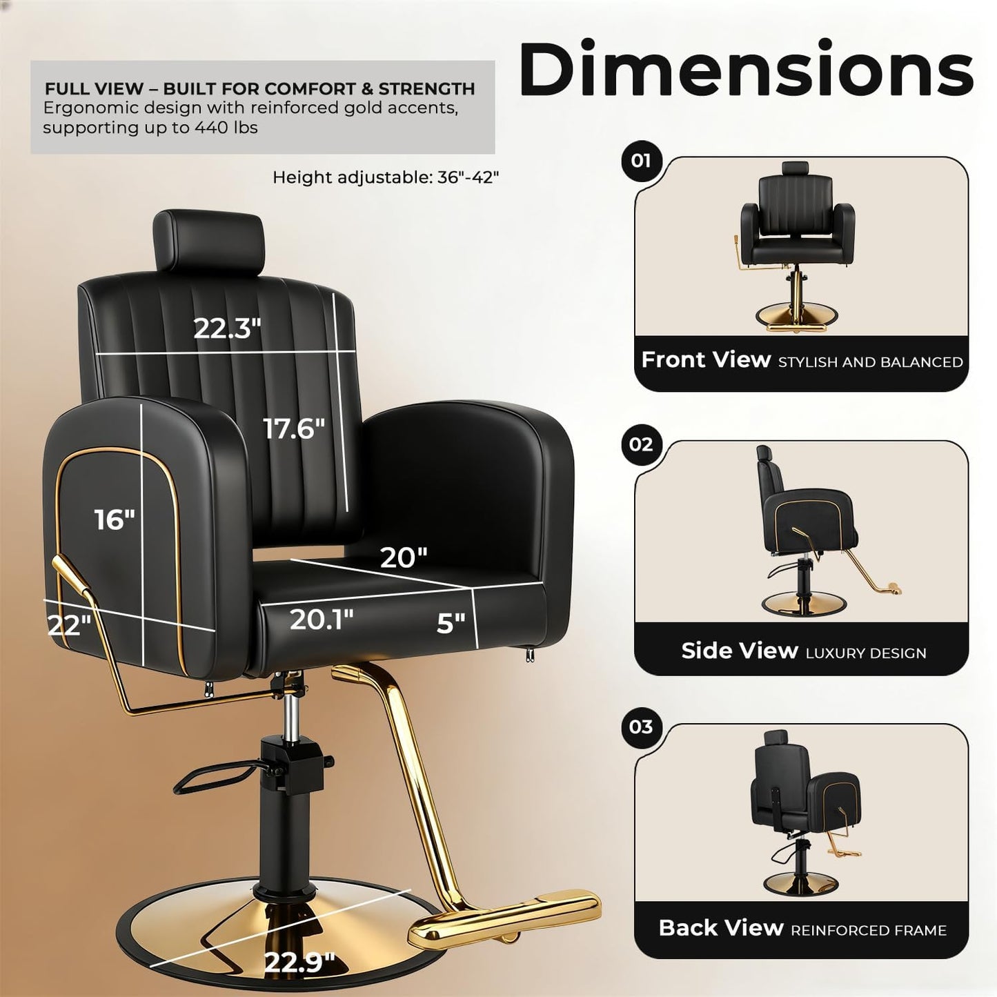 Reclining Salon Barber Chair - Black & Gold Heavy Duty Hydraulic with Adjustable Backrest | Supports 330 lbs, 360° Swivel