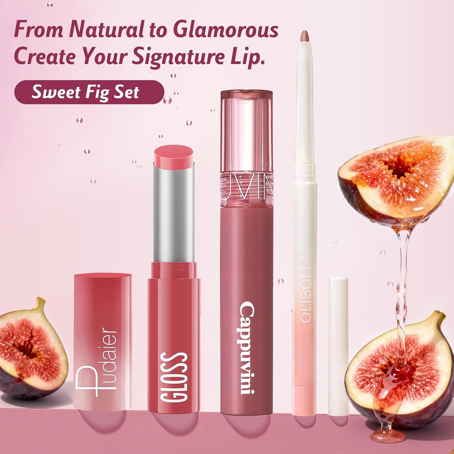 Korean Lip Plumping Kit - 3-Step Waterproof Lip Makeup Set | Non-Sticky, Long-Lasting Satin Finish, Sweet Fig