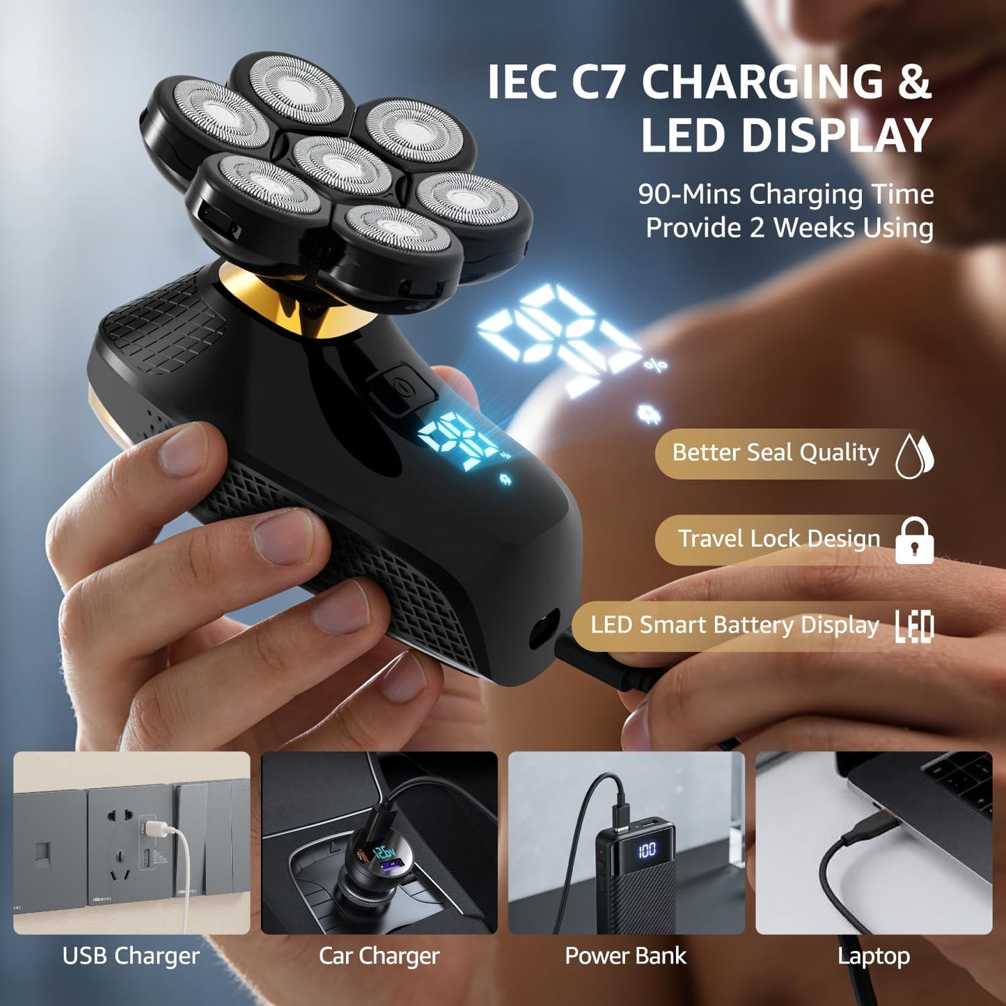 VITALY 7D Floating Head Shaver for Bald Men - 9200RPM Waterproof Rechargeable Grooming Kit | Travel Lock & LED Display