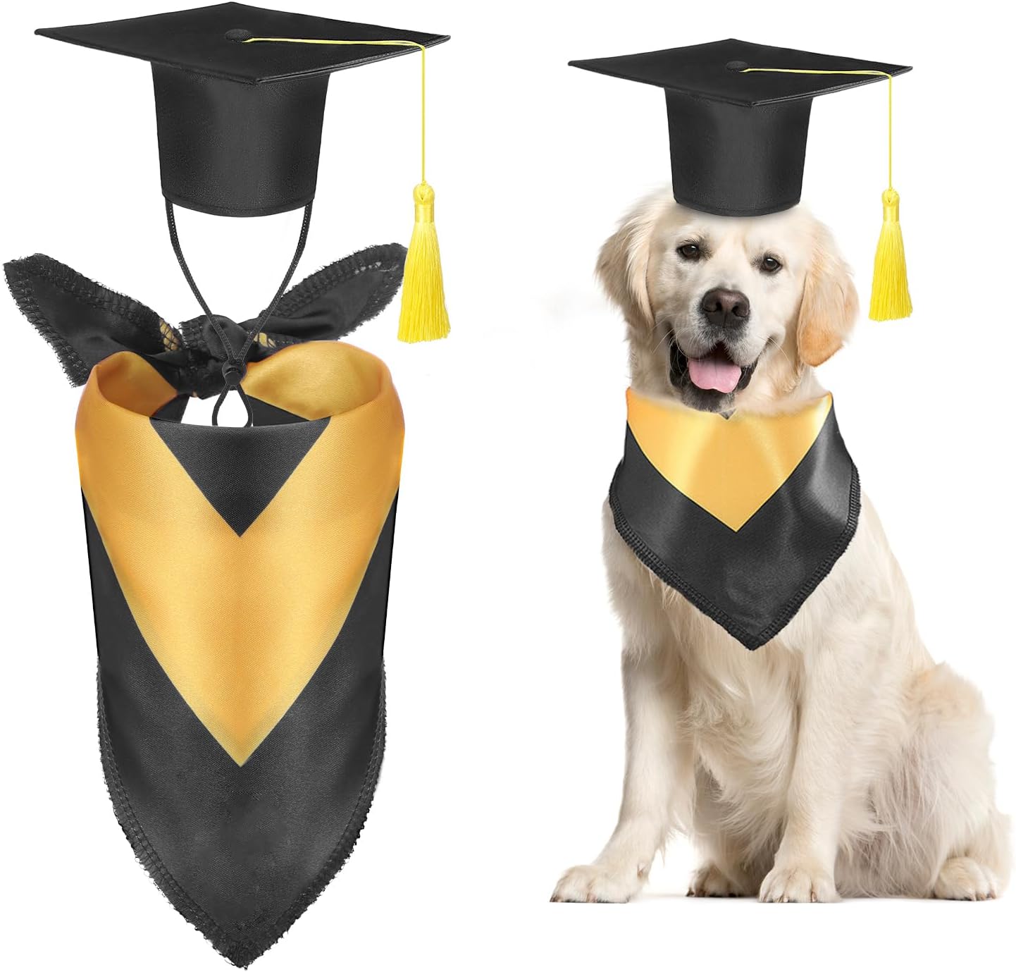 Dog Graduation Cap and Bandana Costume Set - Adjustable, Washable Pet Outfits for 2026 | Yellow, Small
