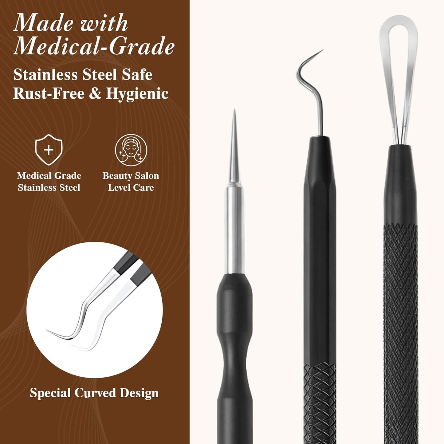 Pimple Extractor Tool Kit - 6 Stainless Steel Blackhead Remover Tools with Leather Case
