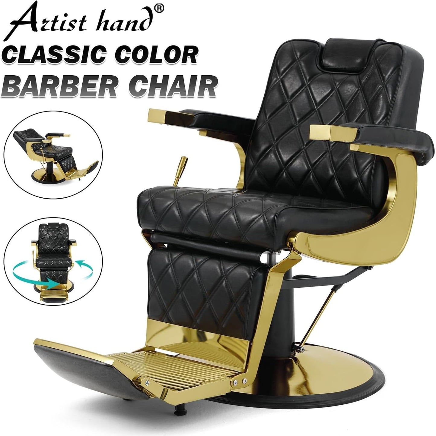 All Purpose Barber Chair - Wide Backrest Reclining Salon Chair for Hair Stylists | Gold Finish