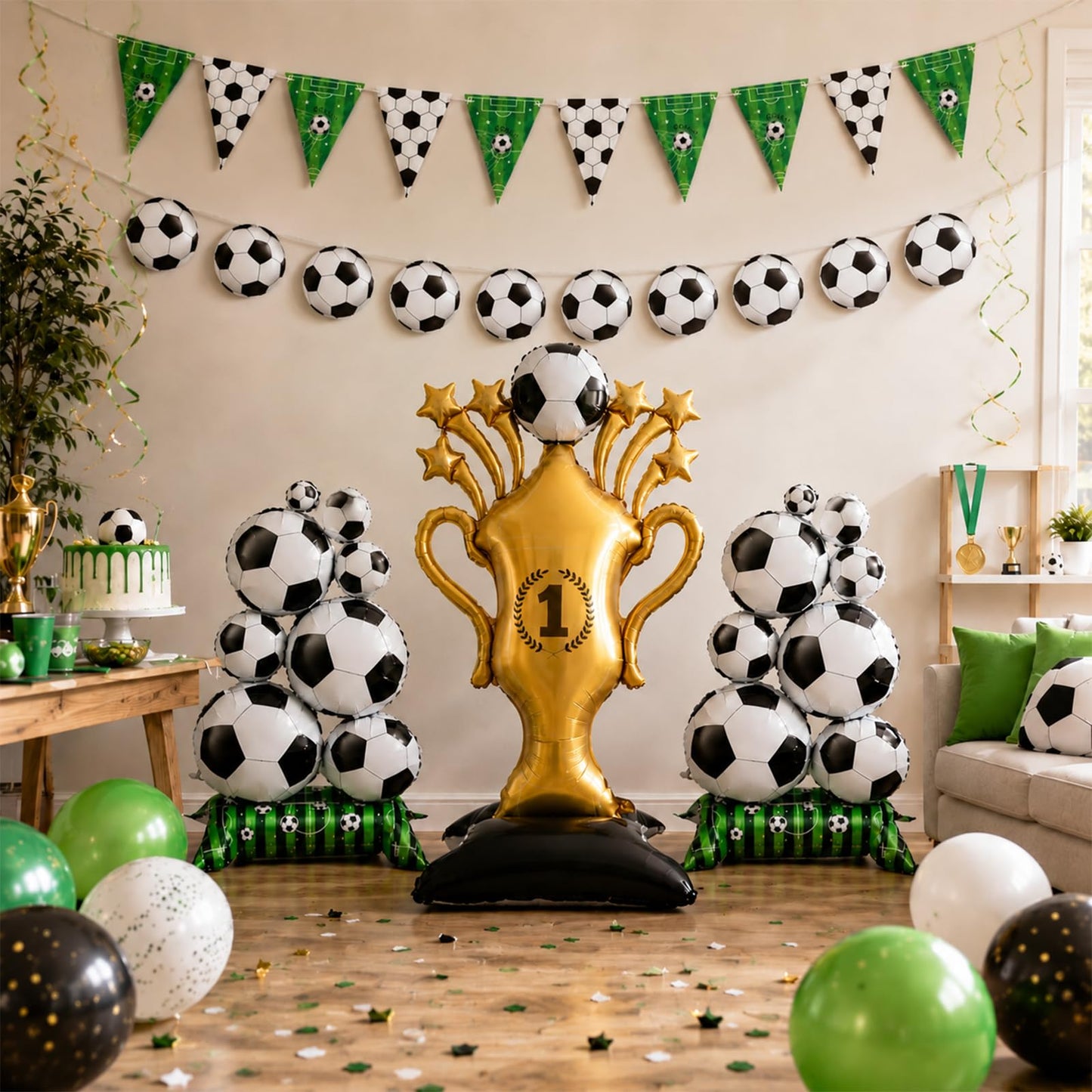 Dingpanxing 5PCS Soccer Party Decorations - 59" Trophy Balloon, Soccer Ball Foil Balloons, Pennant Banner for Birthday, Game Day, 2026 World Cup, Football Themed Party Supplies