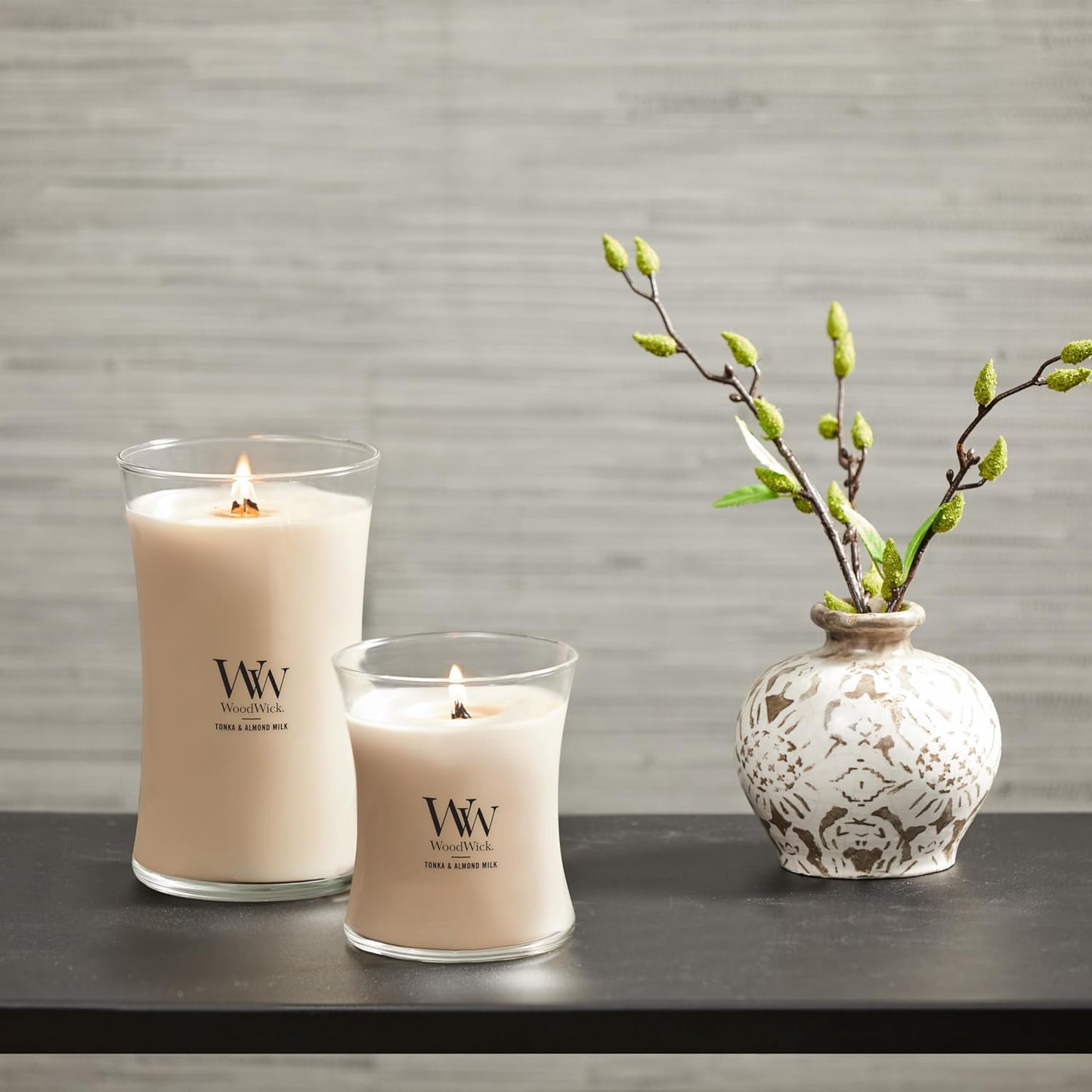 WoodWick Tonka & Almond Milk Candle - 9.7 oz Medium Hourglass with Crackling Wick | Perfect Gift for Men & Women