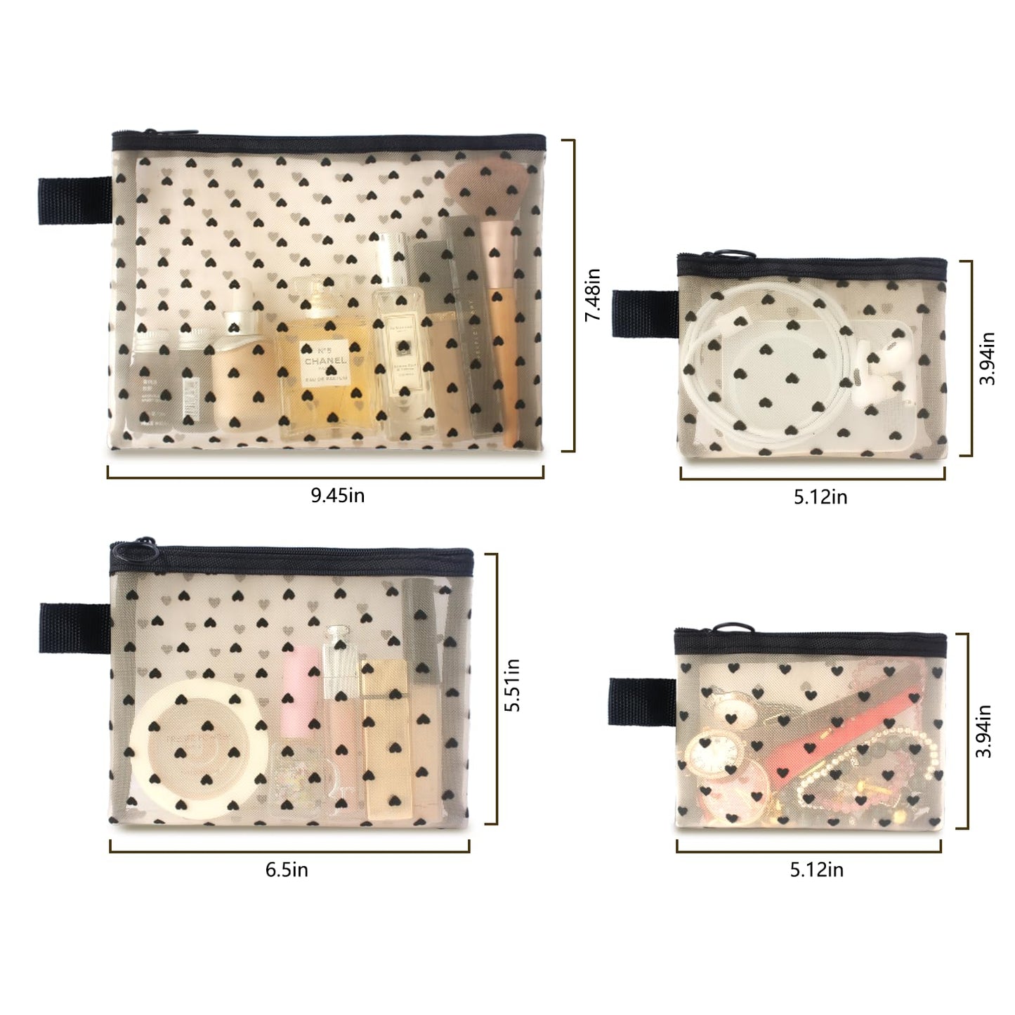 4-Piece Heart Printed Mesh Makeup Bag Set, Portable Travel Mesh Cosmetic Bags Toiletry Bags Makeup Purse Bags, Zipper Storage Pouches for Home Offices Travel Accessories (Beige)
