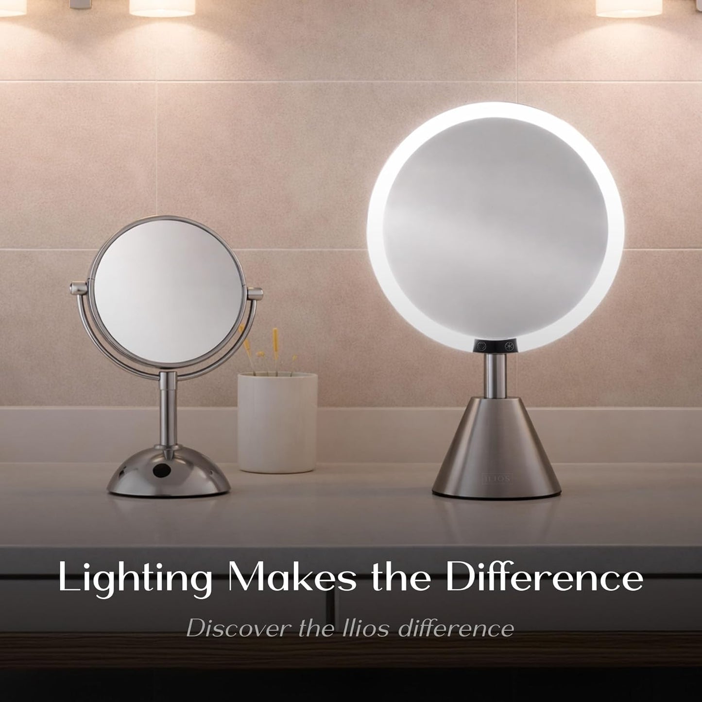 Ilios 9" Lighted Makeup Mirror - 5X Magnification, Rechargeable LED | Adjustable Lighting 3200K–6500K, Silver