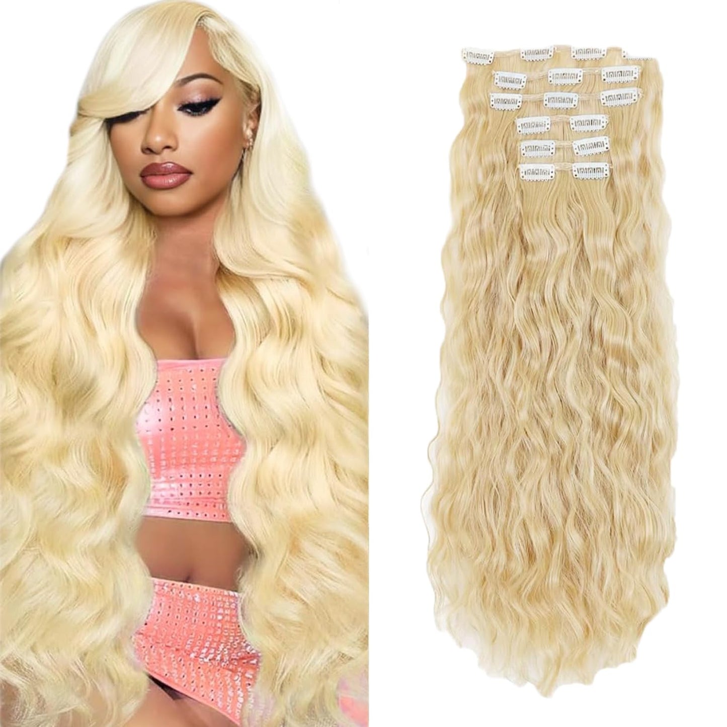 #613 Blonde Clip in Hair Extensions Real Human Hair, 30 Inch 120g/7Pcs,Full Shine Remy Human Hair,Blonde Long Wave Clip ins Brazilian Virgin Human Hair Extensions