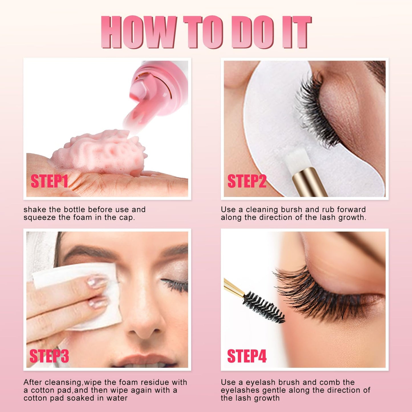 ACTROL Whipped Lash Shampoo for Lash Extensions, 100ml Strawberry Scented Eyelash Cleanser Foaming Wash with Brush Eyelid Eye Makeup Remover for Salon and Home Use