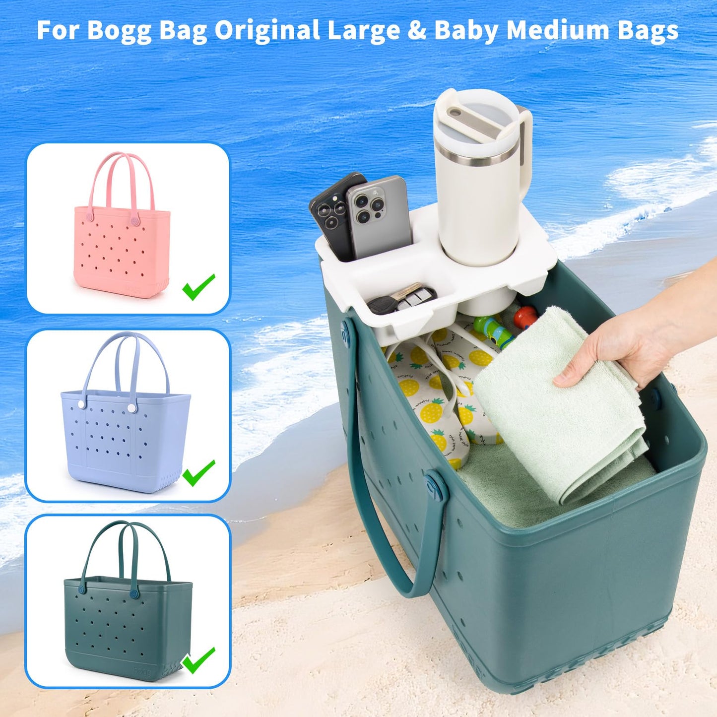 Topper Tray for Bogg Bag Accessories, Tote Bag Organizer Cup Holder (White)