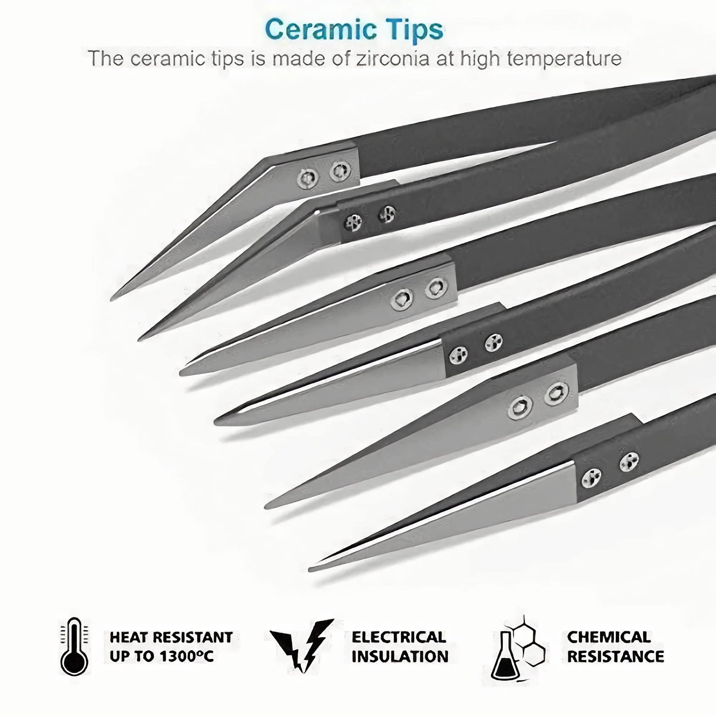Black Ceramic Tweezers Set - Antistatic, Anticorrosion, Antimagnetic, Highly Heat Resistant up to 3000F (3 Pack) - Stainless Steel Handle - Zirconia Tips