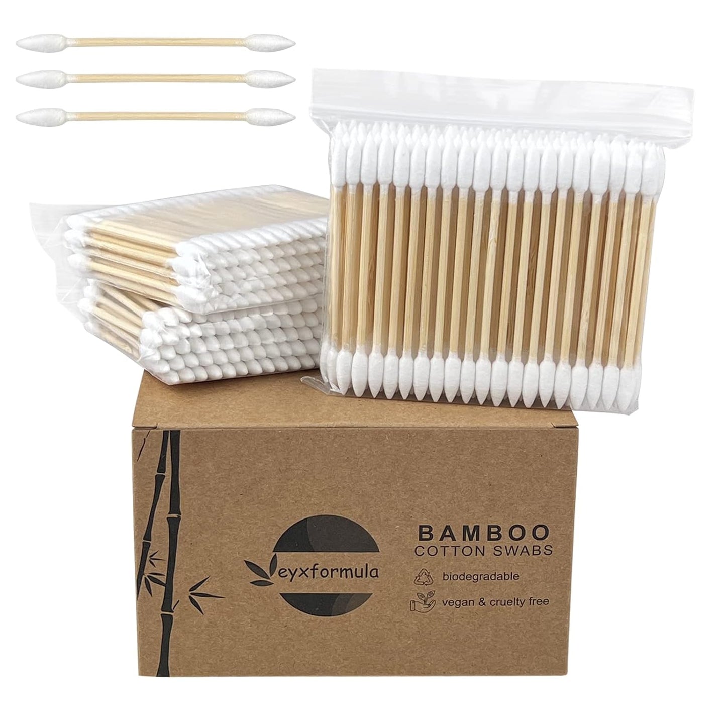 Bamboo Cotton Swabs - 400 Count Vegan Ear Buds | Natural Wooden Double-Tipped Organic Cotton for Ear Wax Removal