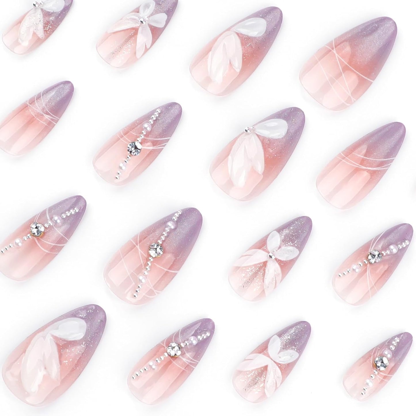 Almond Press-On Nails - Ombre Purple Floral Butterfly Design | 24 Full Cover Rhinestone False Nails for Women