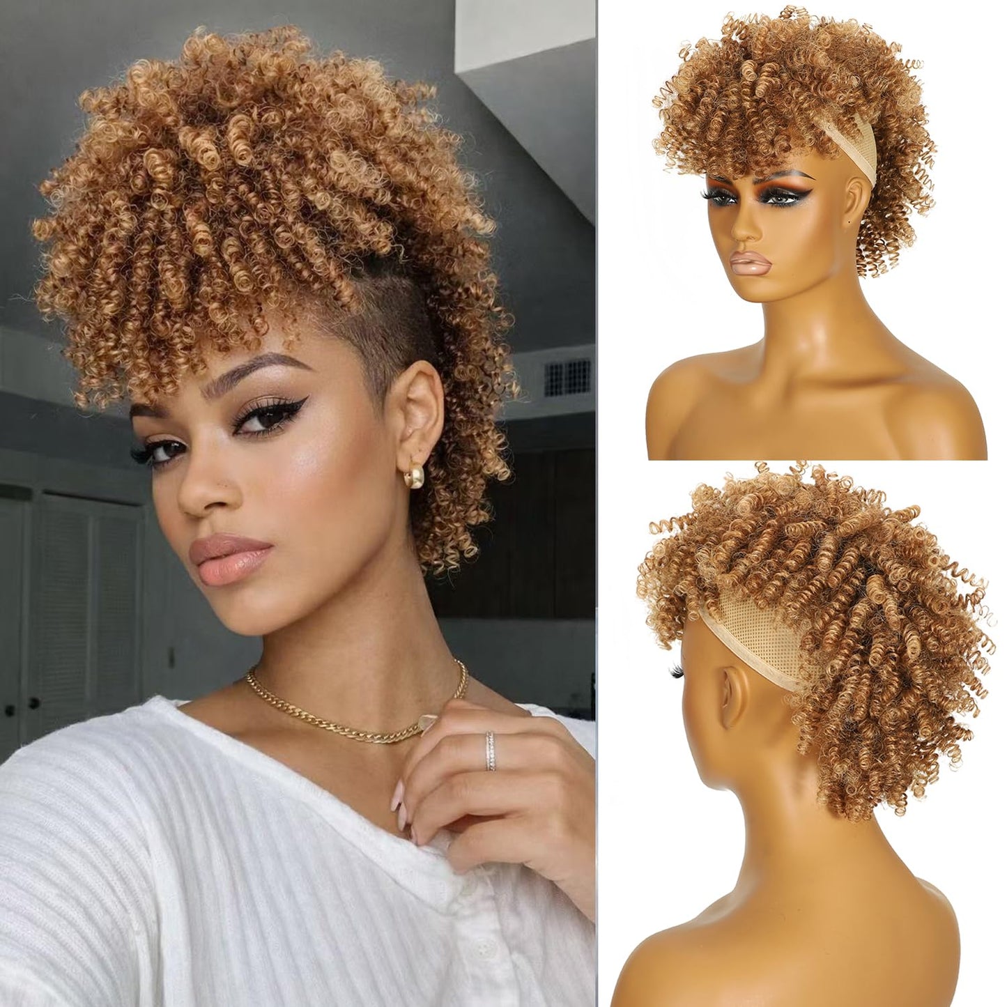 Kinky Curly Mohawk Wig - Natural Black & Caramel Brown Ponytail with Bangs | Short Synthetic Clip-In Extension 2/30