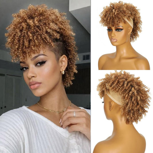 Jadeadyseg Mohawk Wig Kinky Curly Brown Ponytail Extension with Bangs,Short Curly Synthetic Clip in Mohawk Ponytail Extension with Six Clips and Two Combs Fluffy Hair for Daily Party Use 4/630