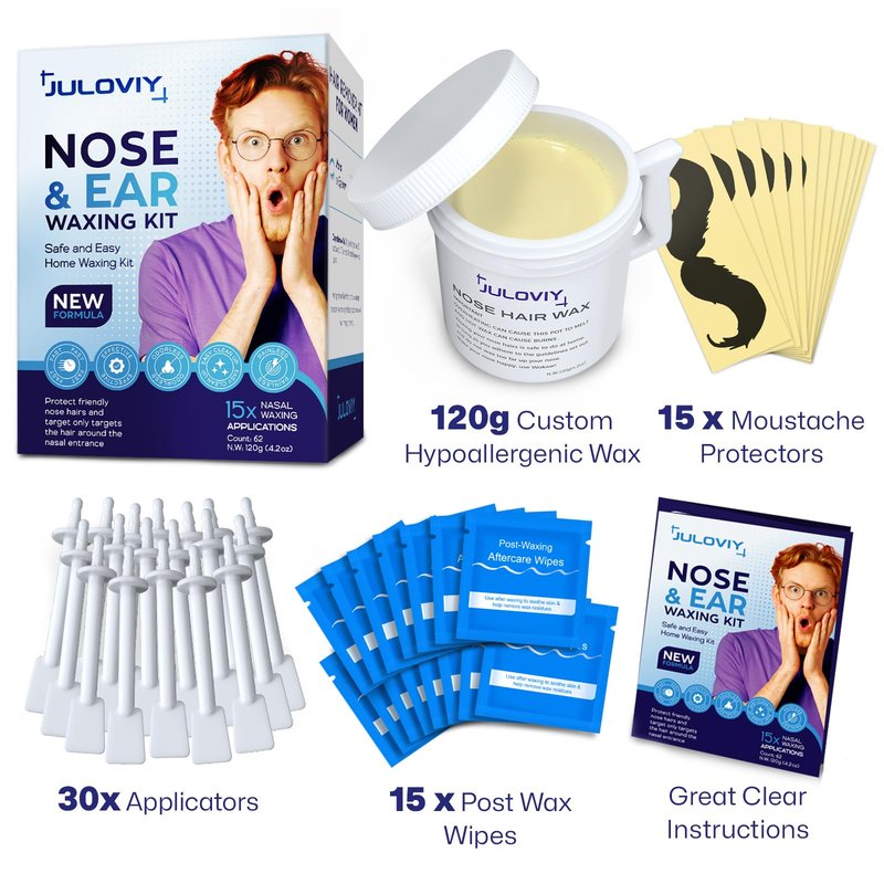 Nose & Ear Waxing Kit - Hypoallergenic Wax + 30 Applicators | Painless Hair Removal for Men & Women | Includes 15 Soothing Balm Wipes & Mustache Guards | Long-Lasting Results (6 Weeks) (120g)
