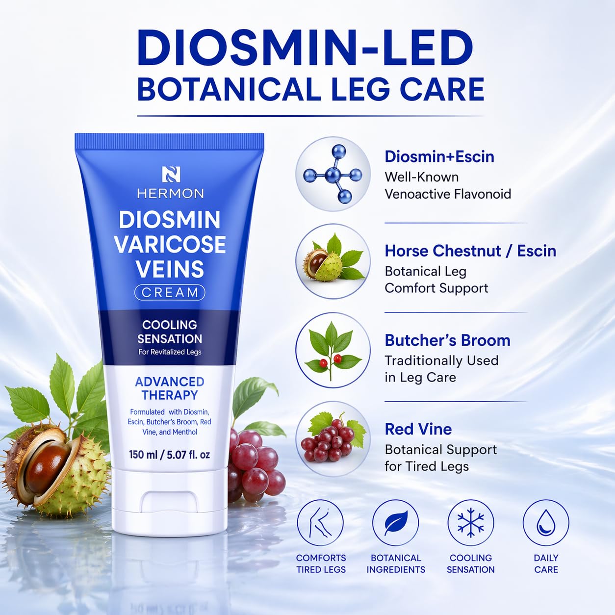 Hermon Diosmin Varicose Veins for Legs: Spider Vein Cream for Skin Smoothing - Fast-Acting Relaxing Cream for Men and Women with Natural Formula Made in Italy 5.07 Fl Oz
