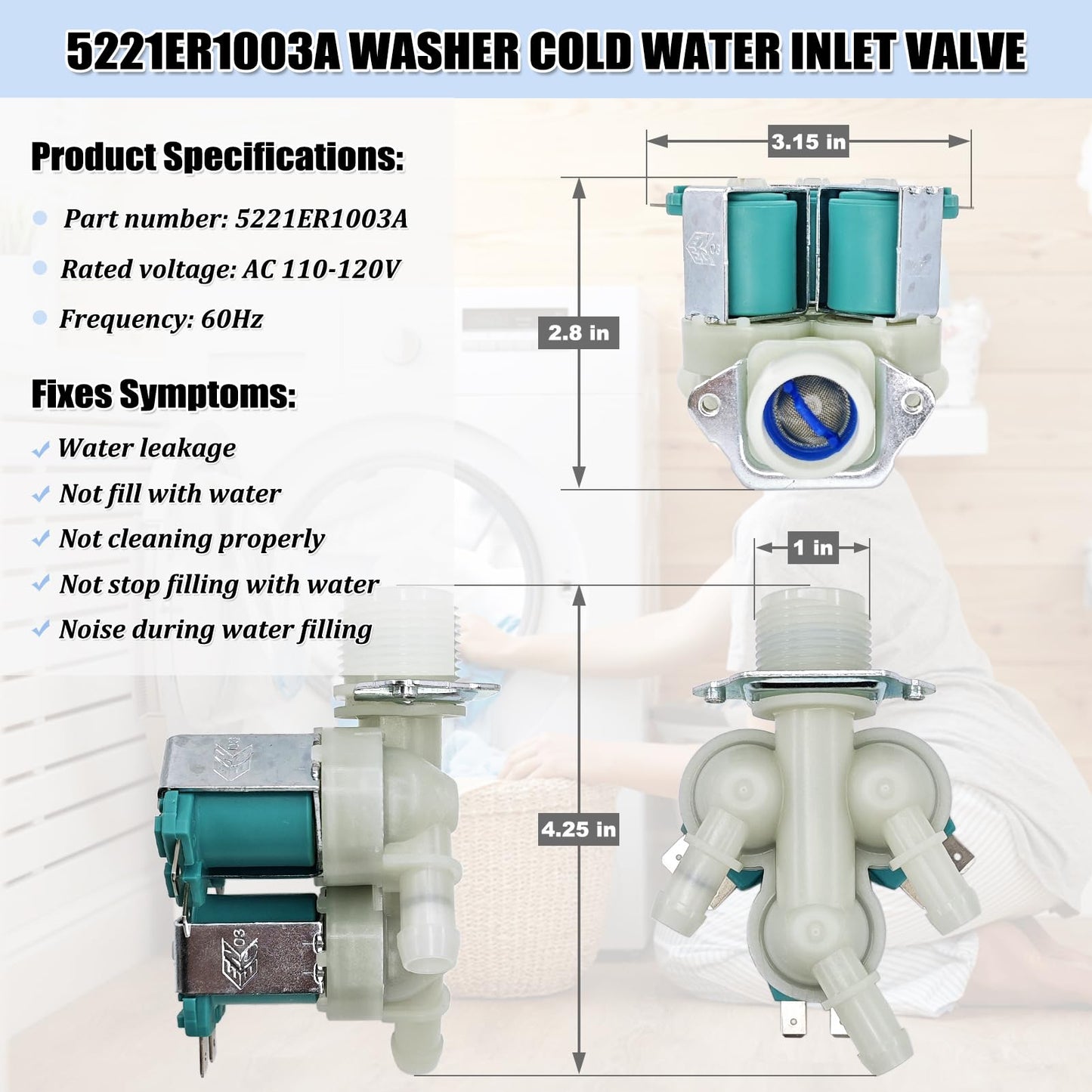 5221ER1003A Washer Water Inlet Valve, Washing Machine Cold Water Valve Assembly Replacement Parts 5221ER1003C 5221ER1003D AP4442608 PS3527452