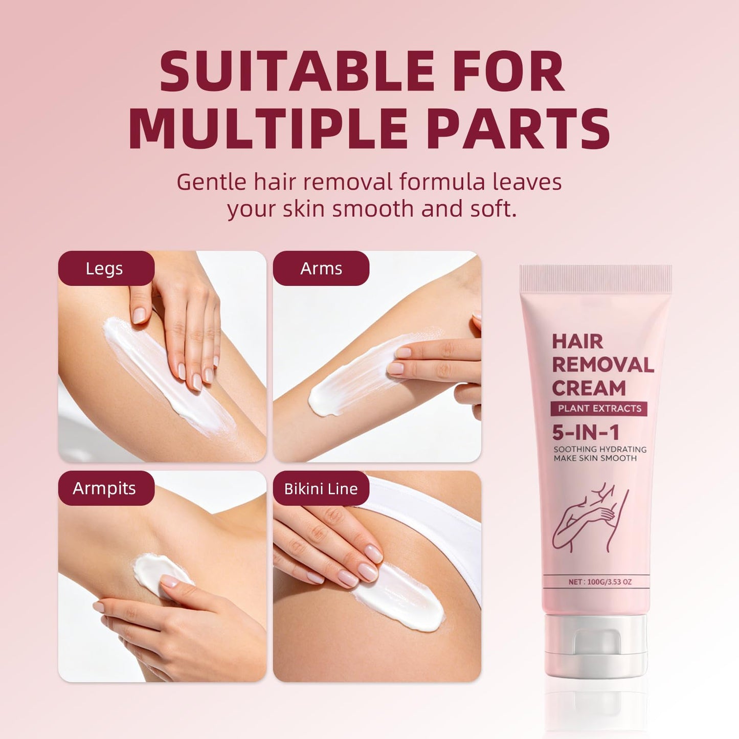 Hair Removal Cream, Moisturizing Daily Care Body Hair Removal Cream for Women and Men, Suitable for Legs, Arms, Underarms, Stomach, Bikini Line, 3.53 OZ