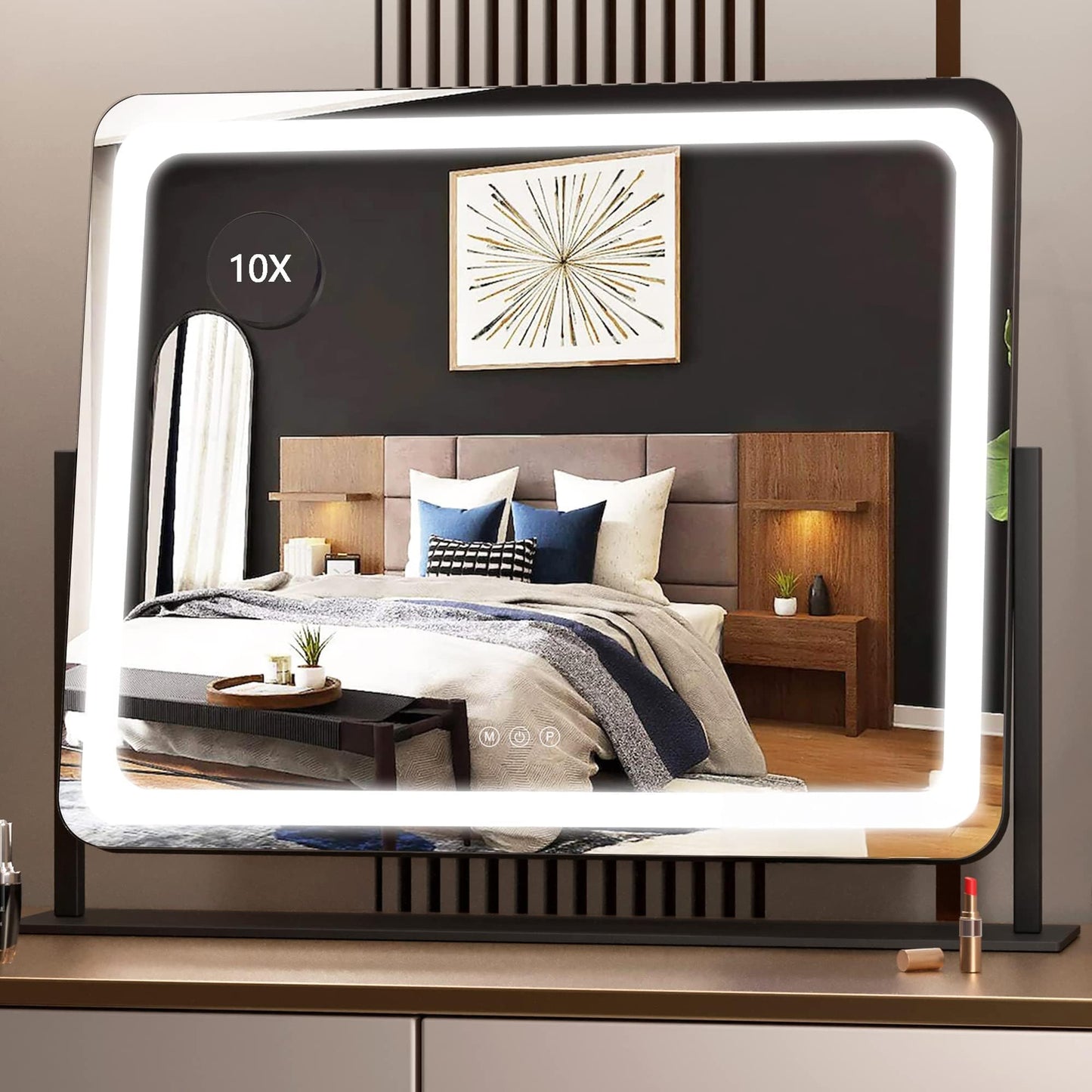 Hasipu Vanity Mirror with Lights, 24.2" x 20" LED Make up Mirror, Light up Mirror with 10X Magnification, Smart Touch 3 Colors Dimmable, Brightness Adjustment, 360° Rotation (Black)