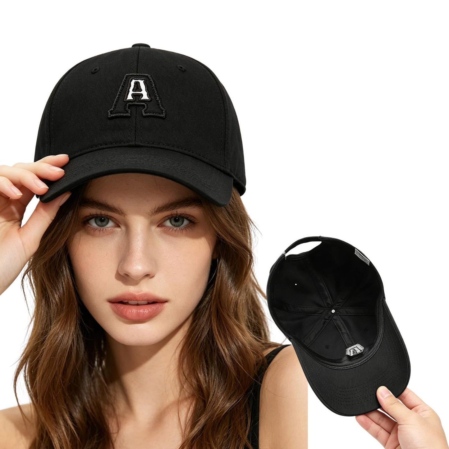 Baseball Cap Adjustable Embroidered Letter A Dad Hat Cotton Breathable Sun Hat for Outdoor Sports Daily Wear (Black)