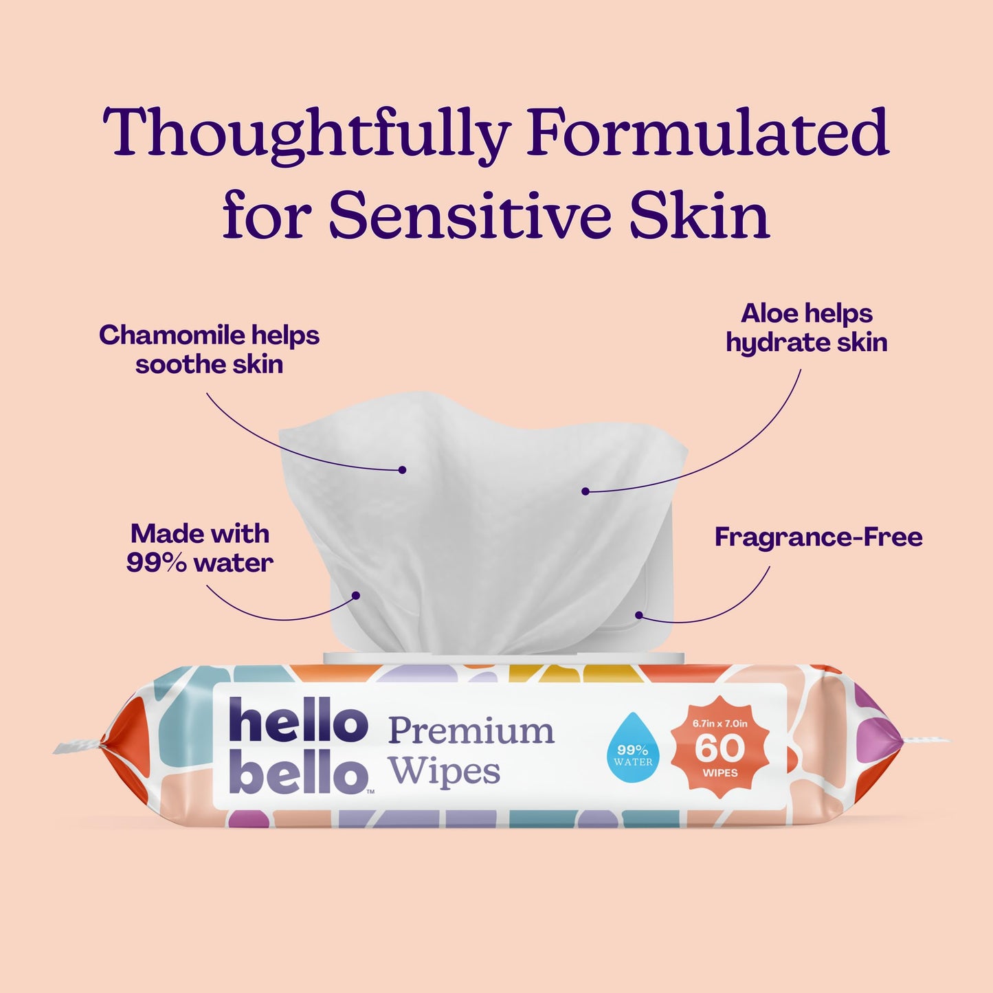 Hello Bello Premium Wipes, Designed for Sensitive Skin with Chamomile & Aloe Extracts, Flower Pop (18 Resealable Packets = 1080 Total Wipes)