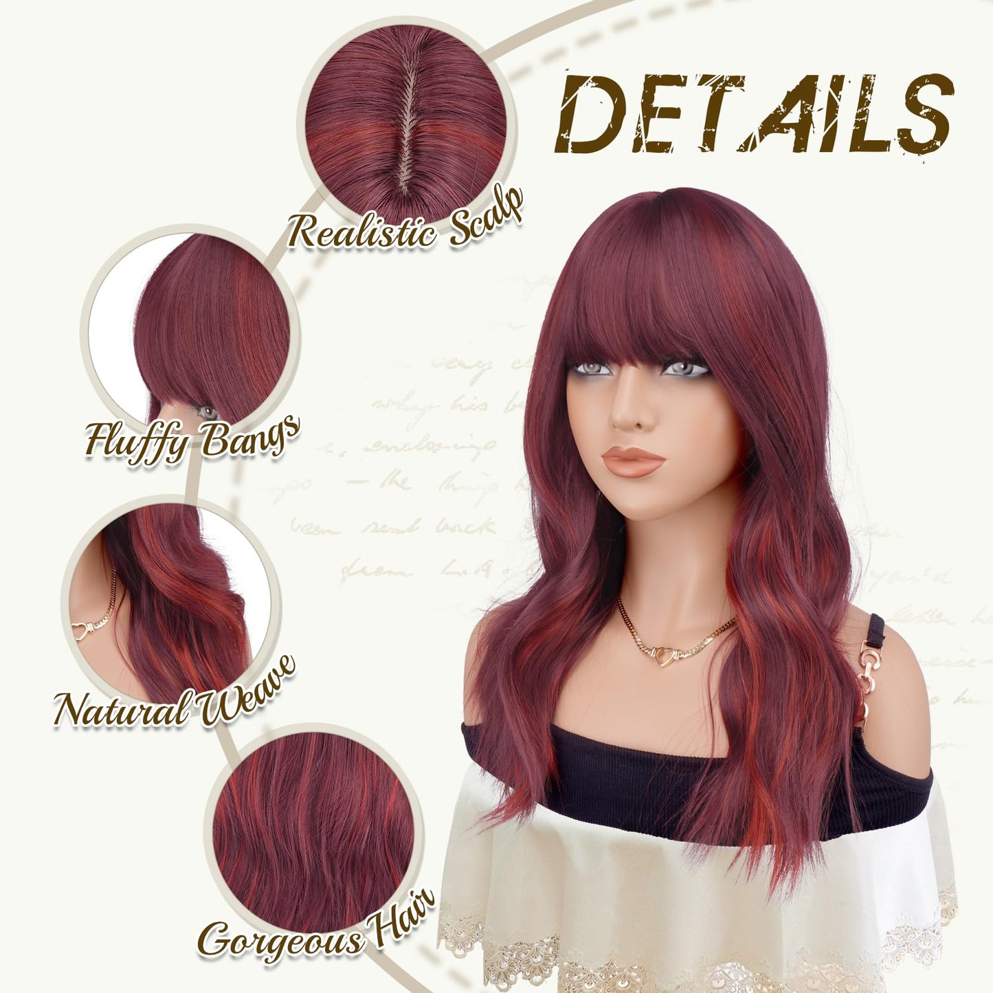 Haloo Red Wigs with Bangs - 19 Inch Natural Wavy Synthetic Heat Resistant Medium Length Hair Wigs for Women Daily Party, Mix Red